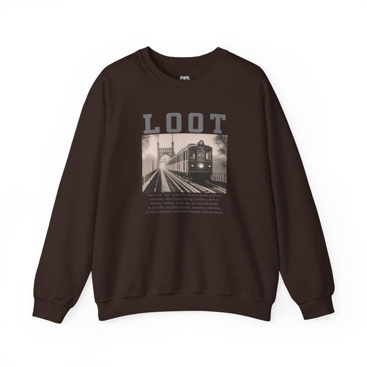 dark chocolate sweatshirt with graphic design and 'LOOT' text on a white background, front