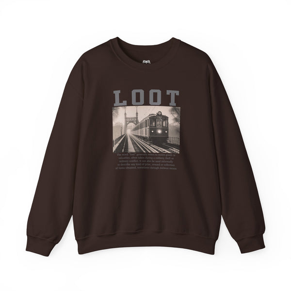 dark chocolate sweatshirt with graphic design and 'LOOT' text on a white background, front