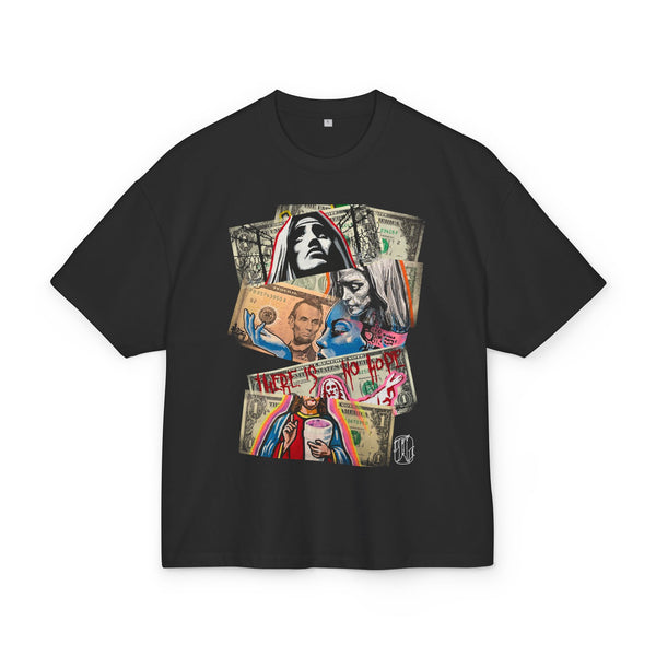 black boxt-shirt with stacked dollars and a bold artistic graphic print in the center, front