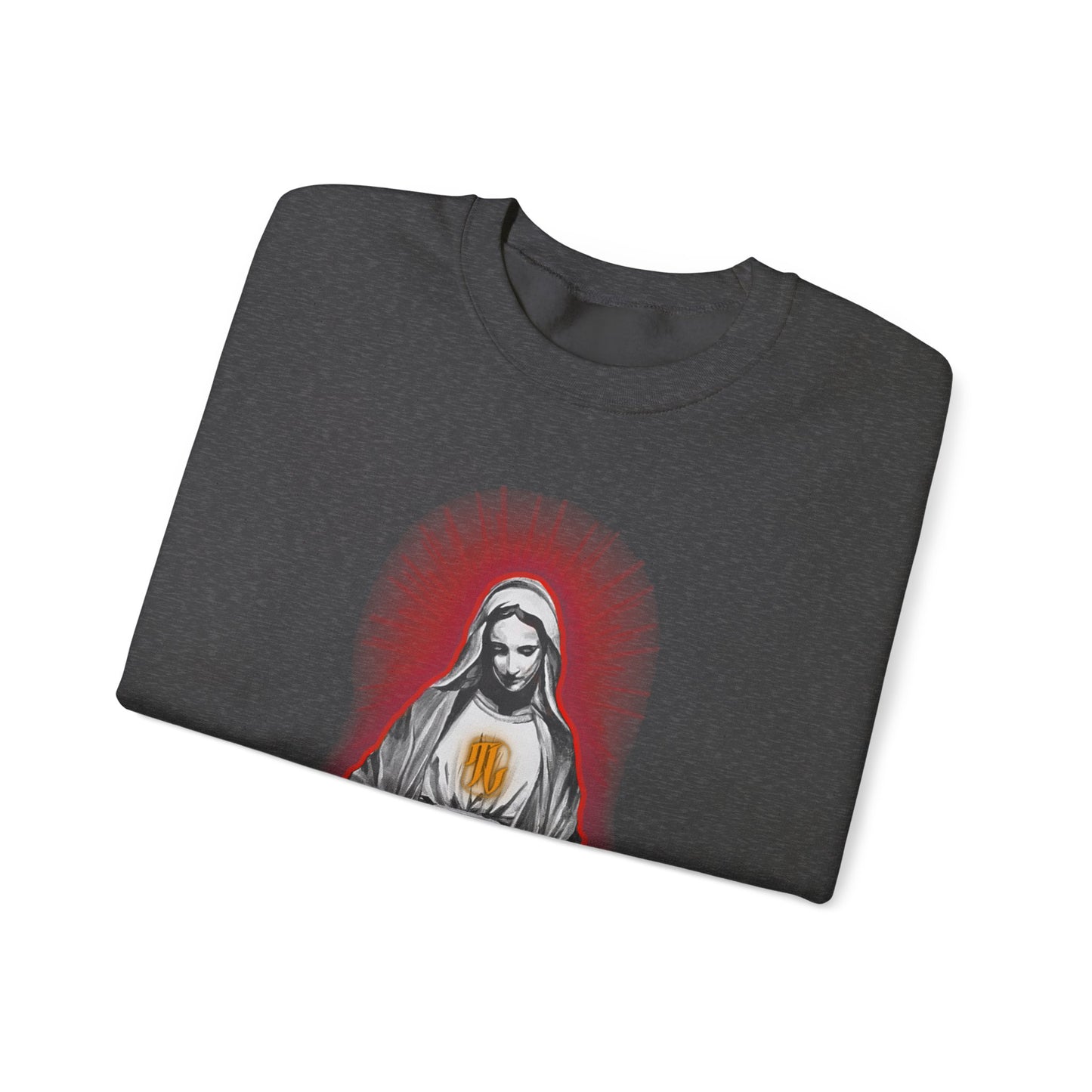 folded dark heather crewneck sweatshirt with a graphic print of a religious figure on the front with guns, front