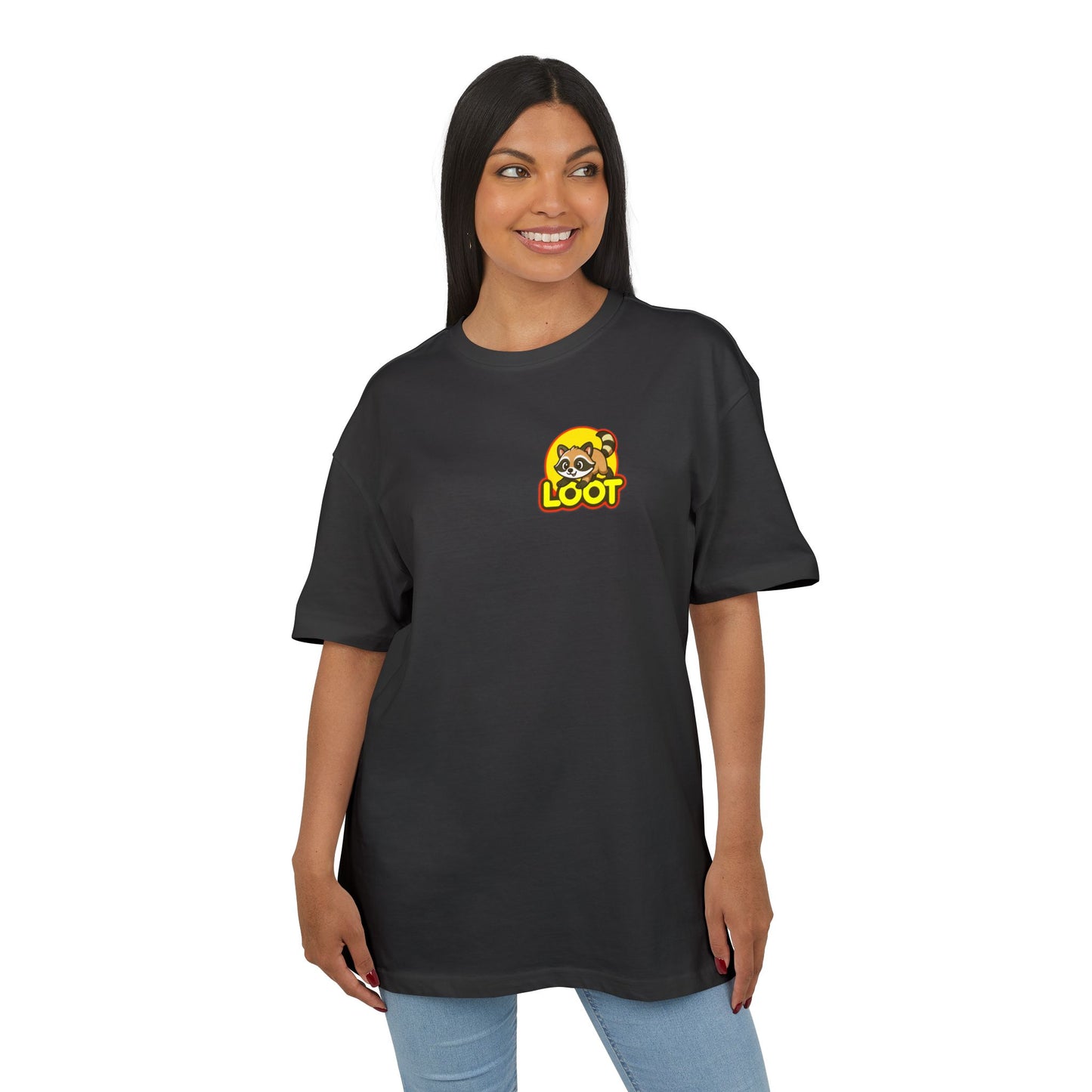 Woman wearing a black t-shirt with a logo and text on a white background, front