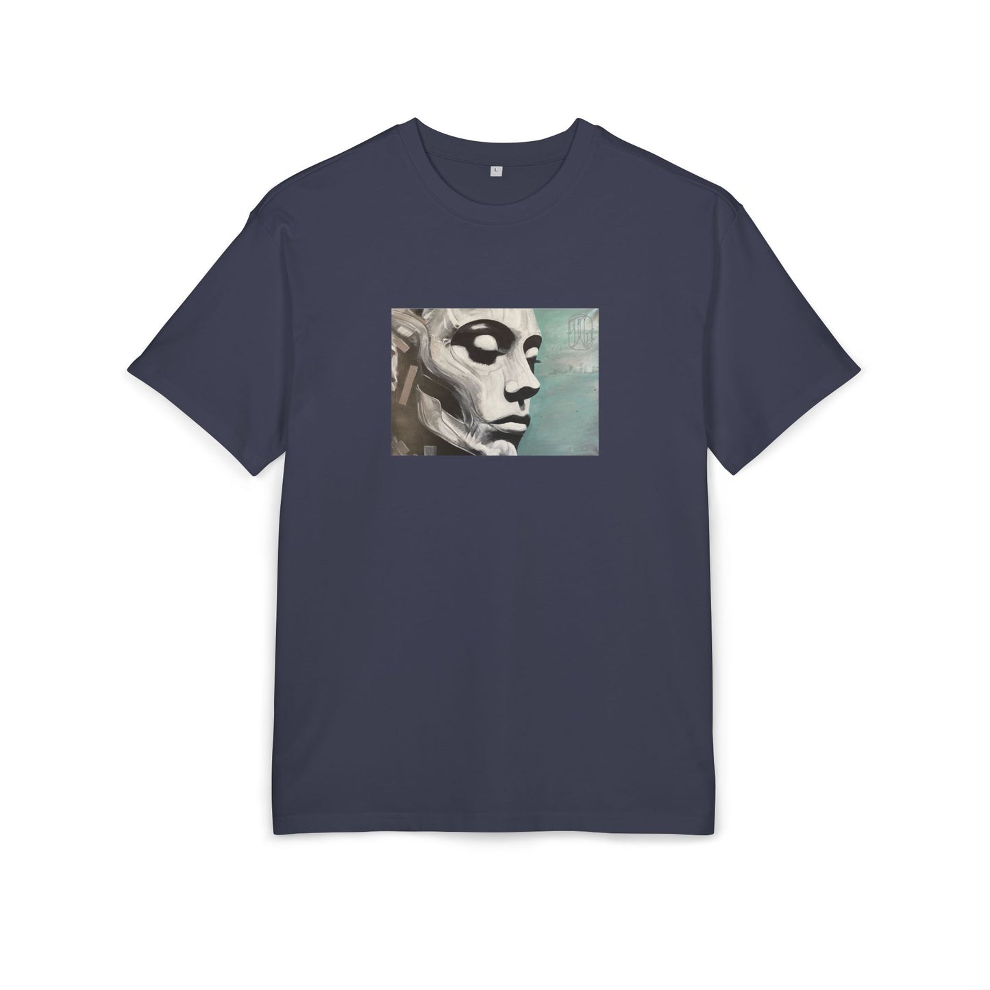 Navy t-shirt with a graphic print of a person's face on the chest on white background, front