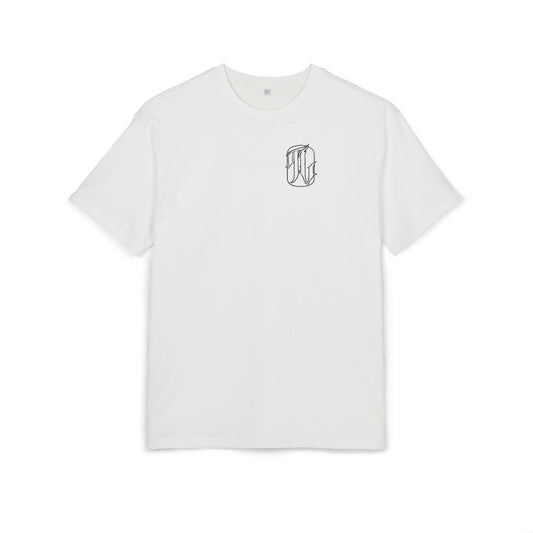 blanc White t-shirt with a black logo on a white background, front