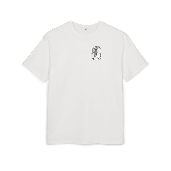 blanc White t-shirt with a black logo on a white background, front