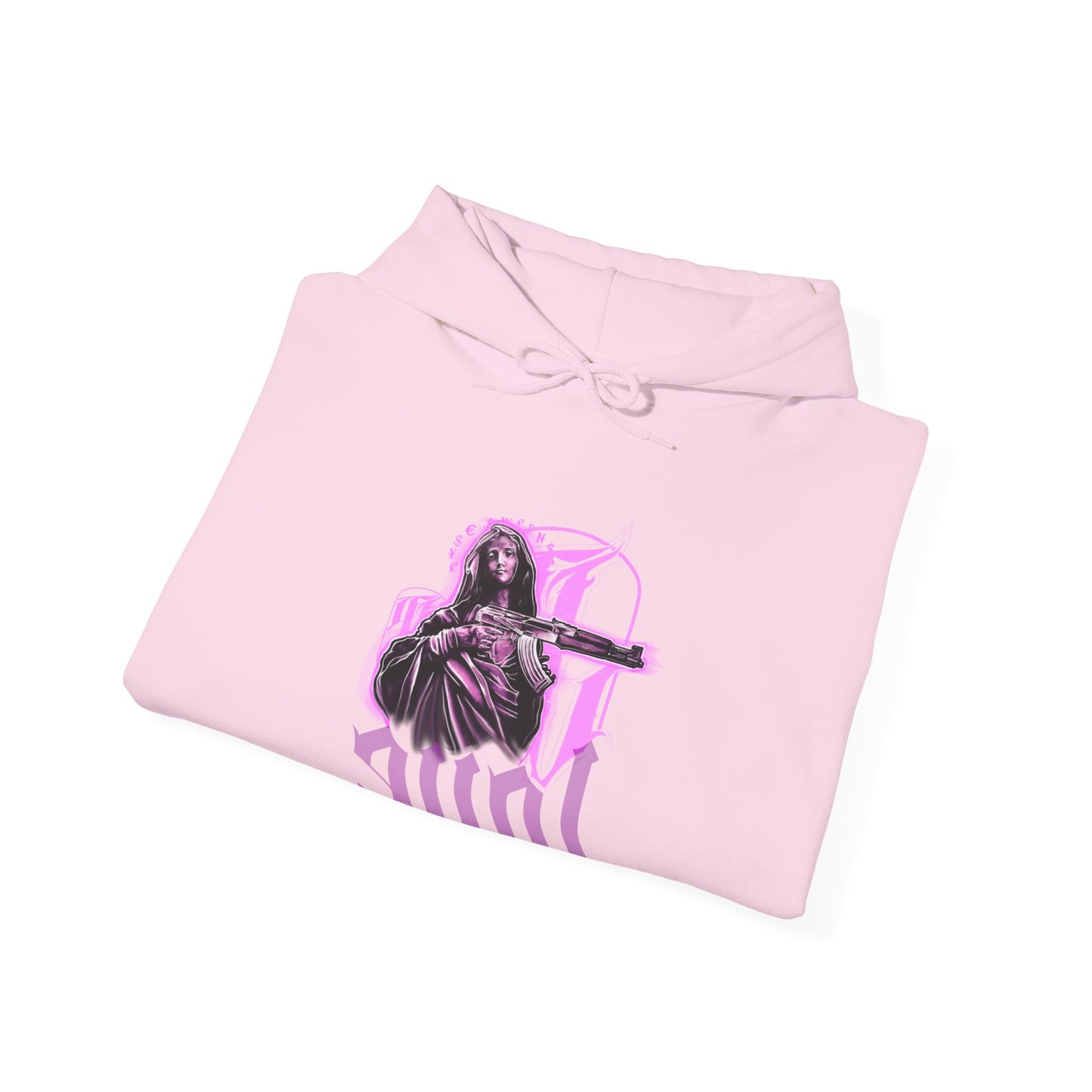 Pink hoodie with a purple graphic of a woman holding a ak on a white background, front