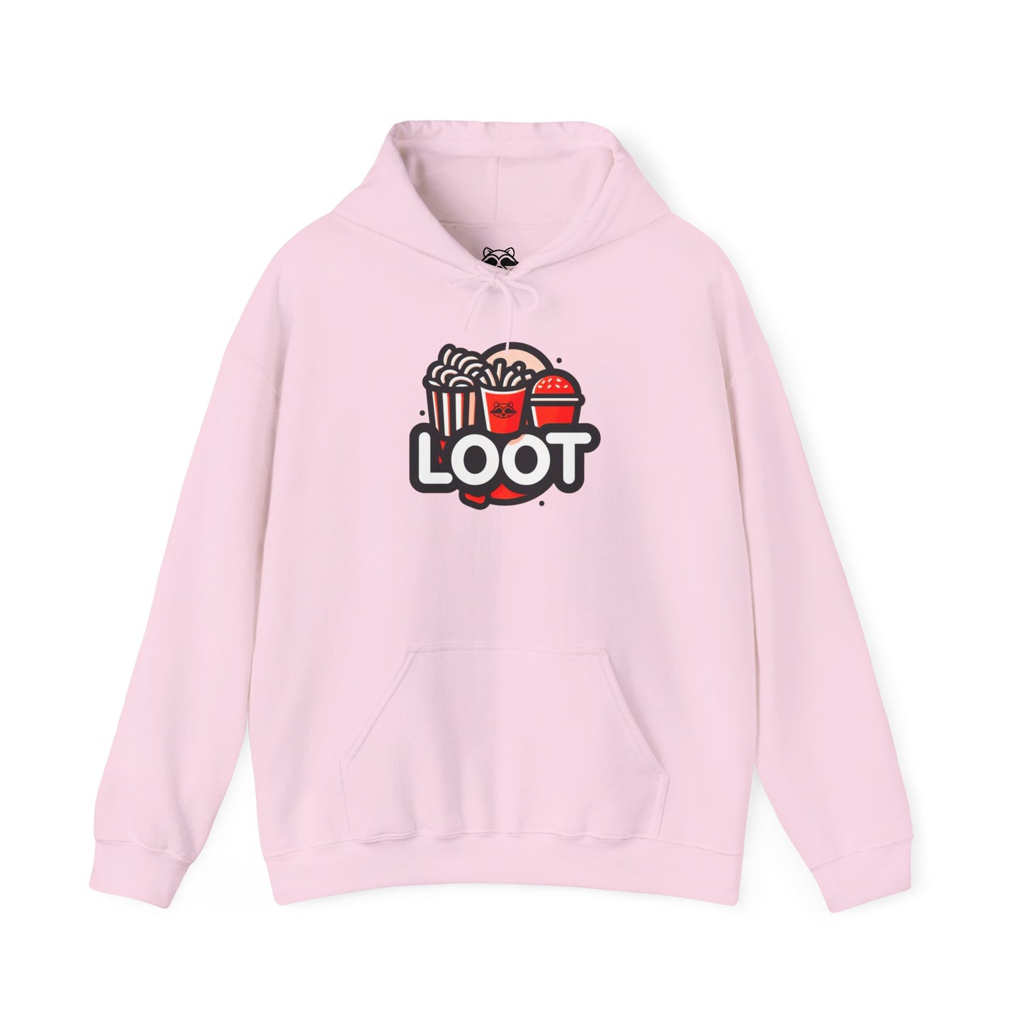 light pink hooded sweatshirt in orange color with a graphic print on the front that reads 'LOOT' with a fast food beside it, front