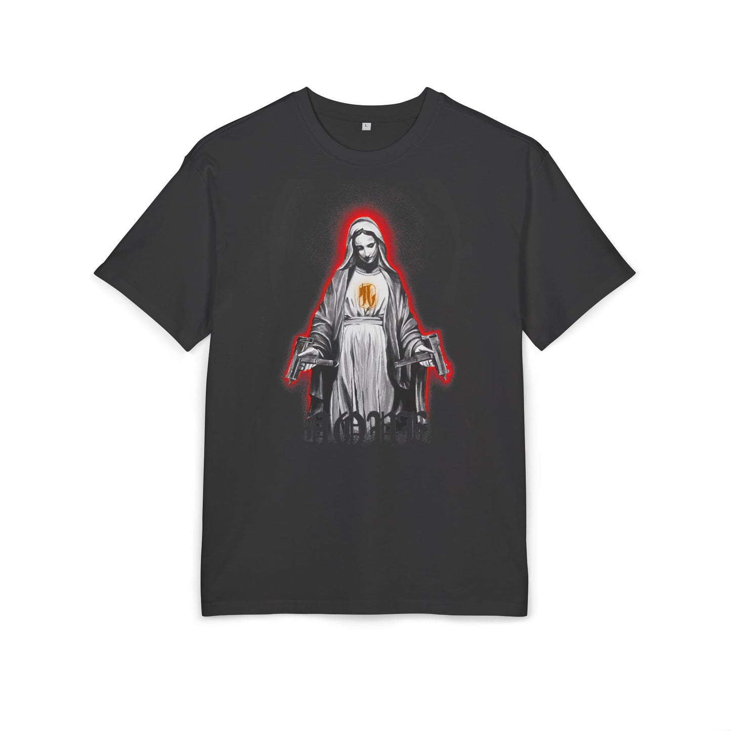 Black t-shirt with a graphic print of a figure with a red halo, front