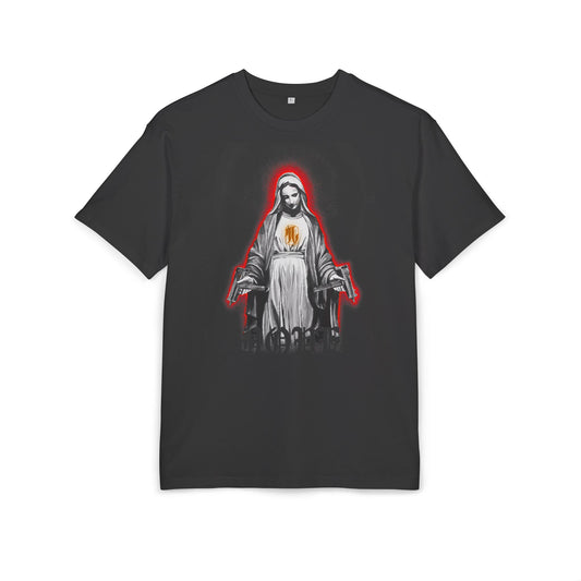 Black t-shirt with a graphic print of a figure with a red halo, front