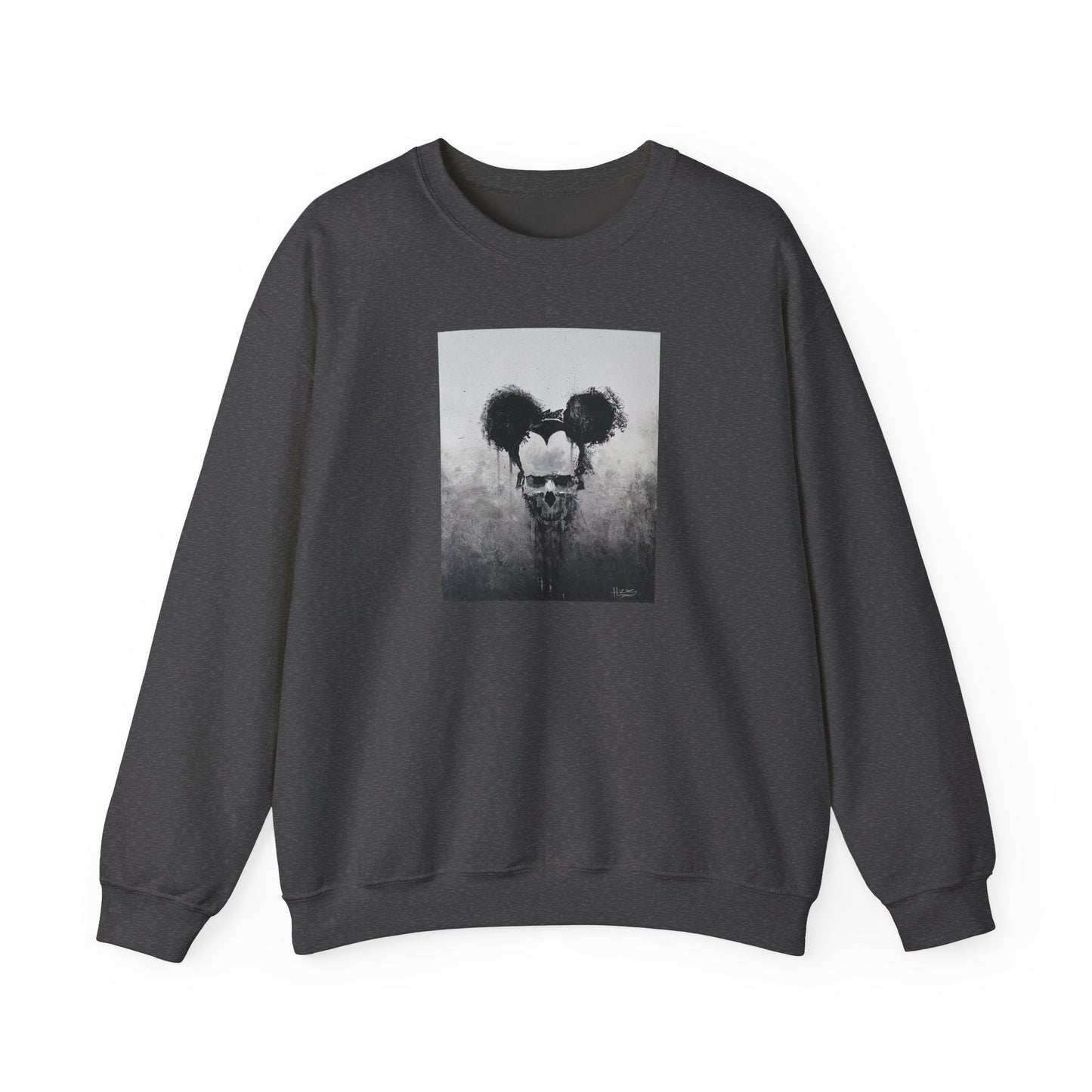 dark heather unisex crewneck sweatshirt with a front print of a dripping mickey portrait, front