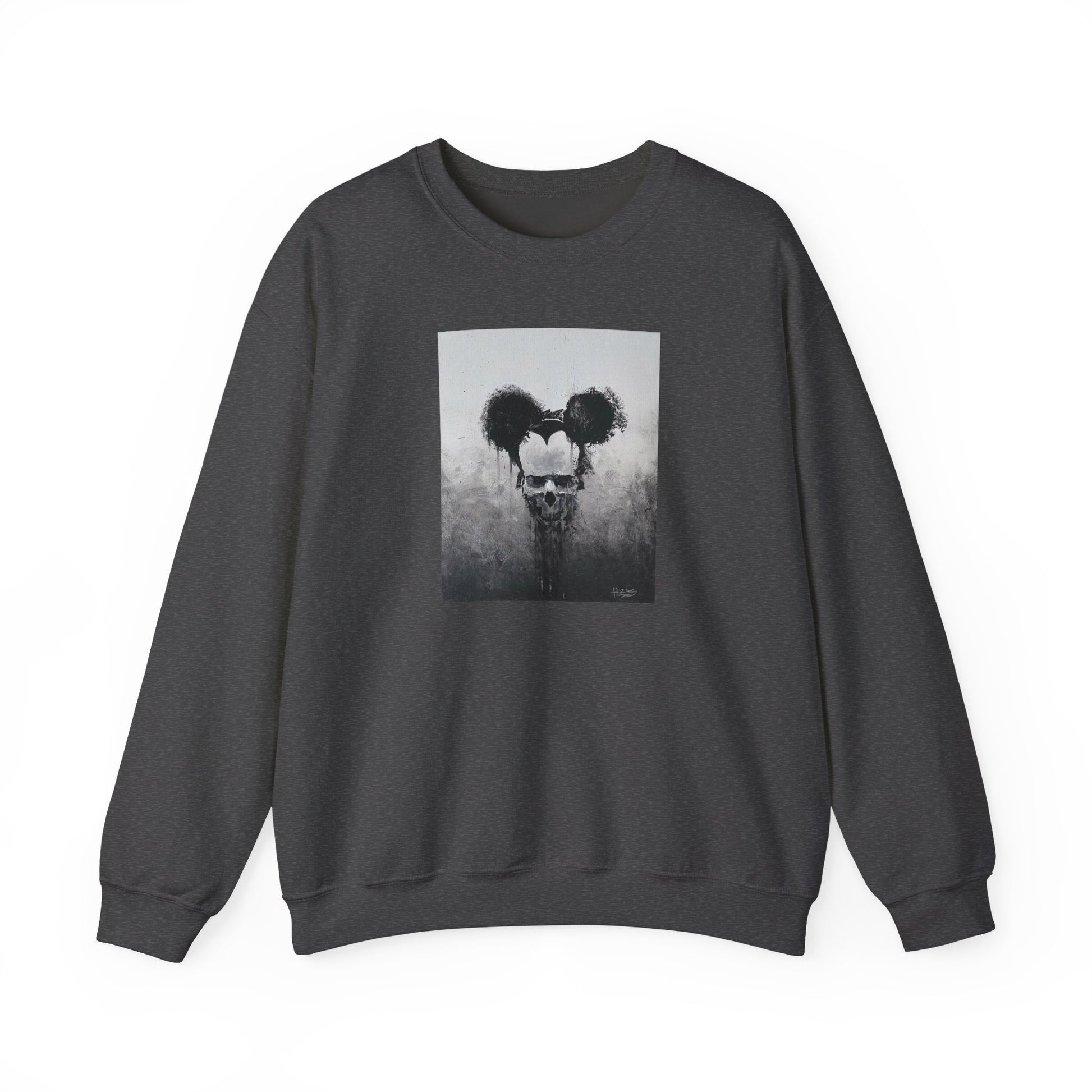 dark heather unisex crewneck sweatshirt with a front print of a dripping mickey portrait, front