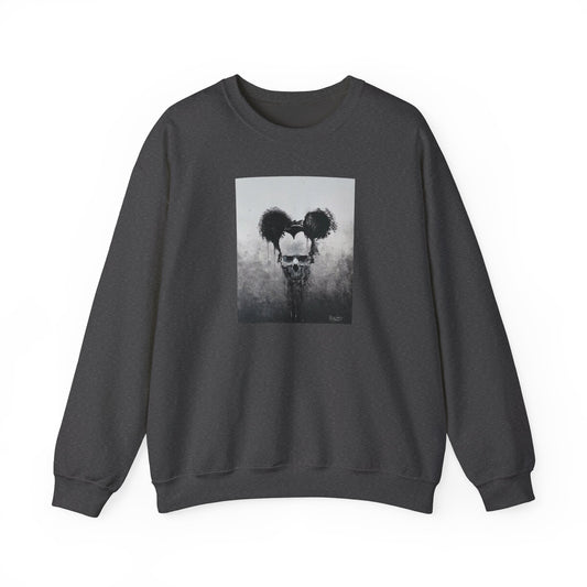 dark heather unisex crewneck sweatshirt with a front print of a dripping mickey portrait, front
