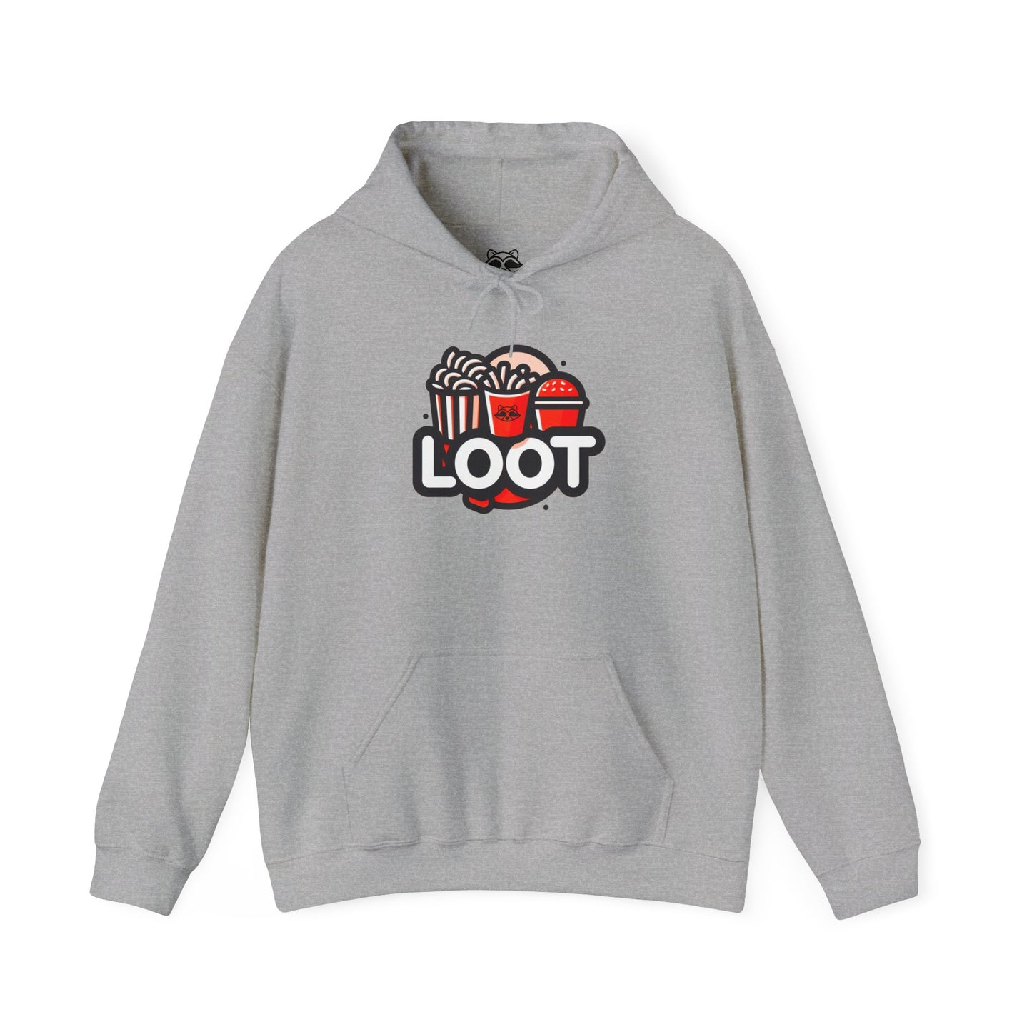 sport grey hooded sweatshirt in orange color with a graphic print on the front that reads 'LOOT' with a fast food beside it, front