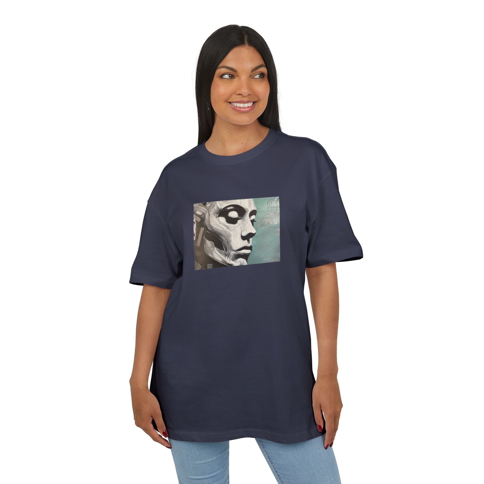 woman wearing navy t-shirt with a graphic print of a person's face on the chest on white background, front