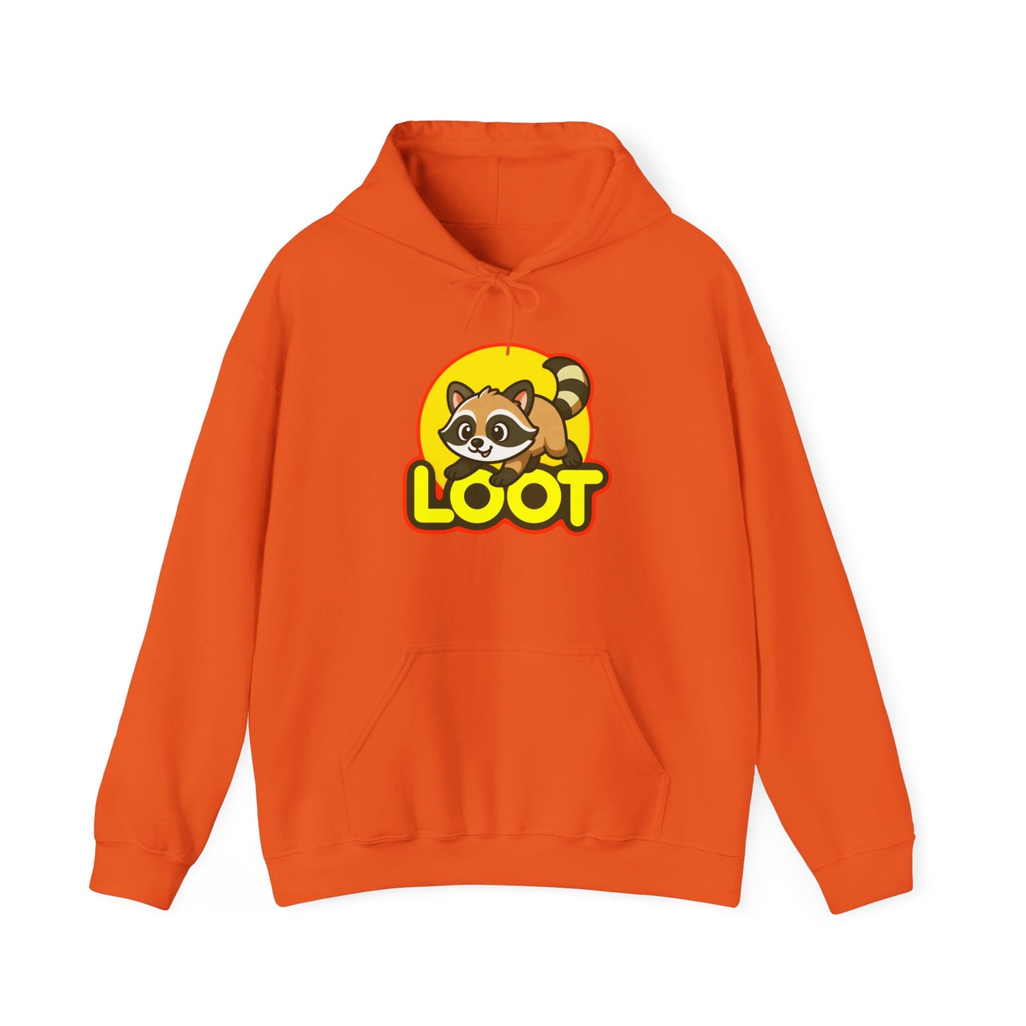Orange hoodie with a raccoon graphic and 'LOOT' text on a white background, front