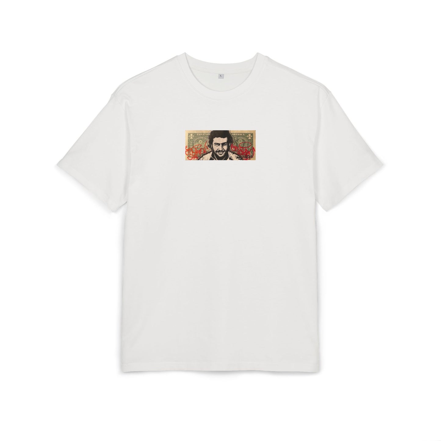 White t-shirt with a small graphic dollar desing of pablo escobar on the chest against a white background, front