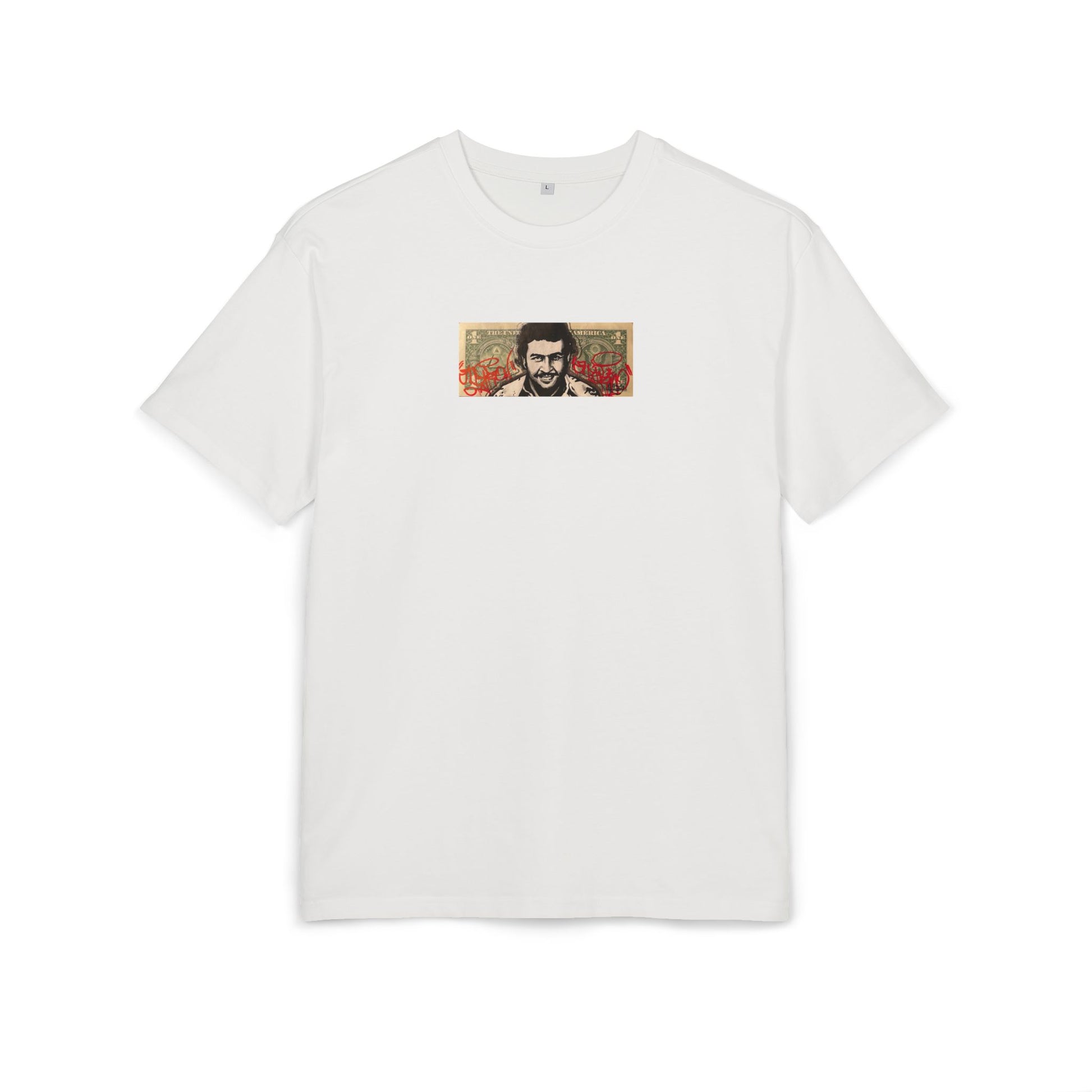 White t-shirt with a small graphic dollar desing of pablo escobar on the chest against a white background, front