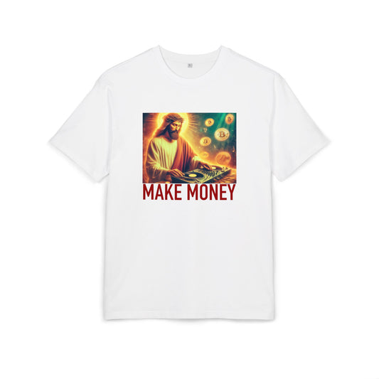 White t-shirt with a graphic of a person playing music equipment and 'MAKE MONEY' text on a white background, front