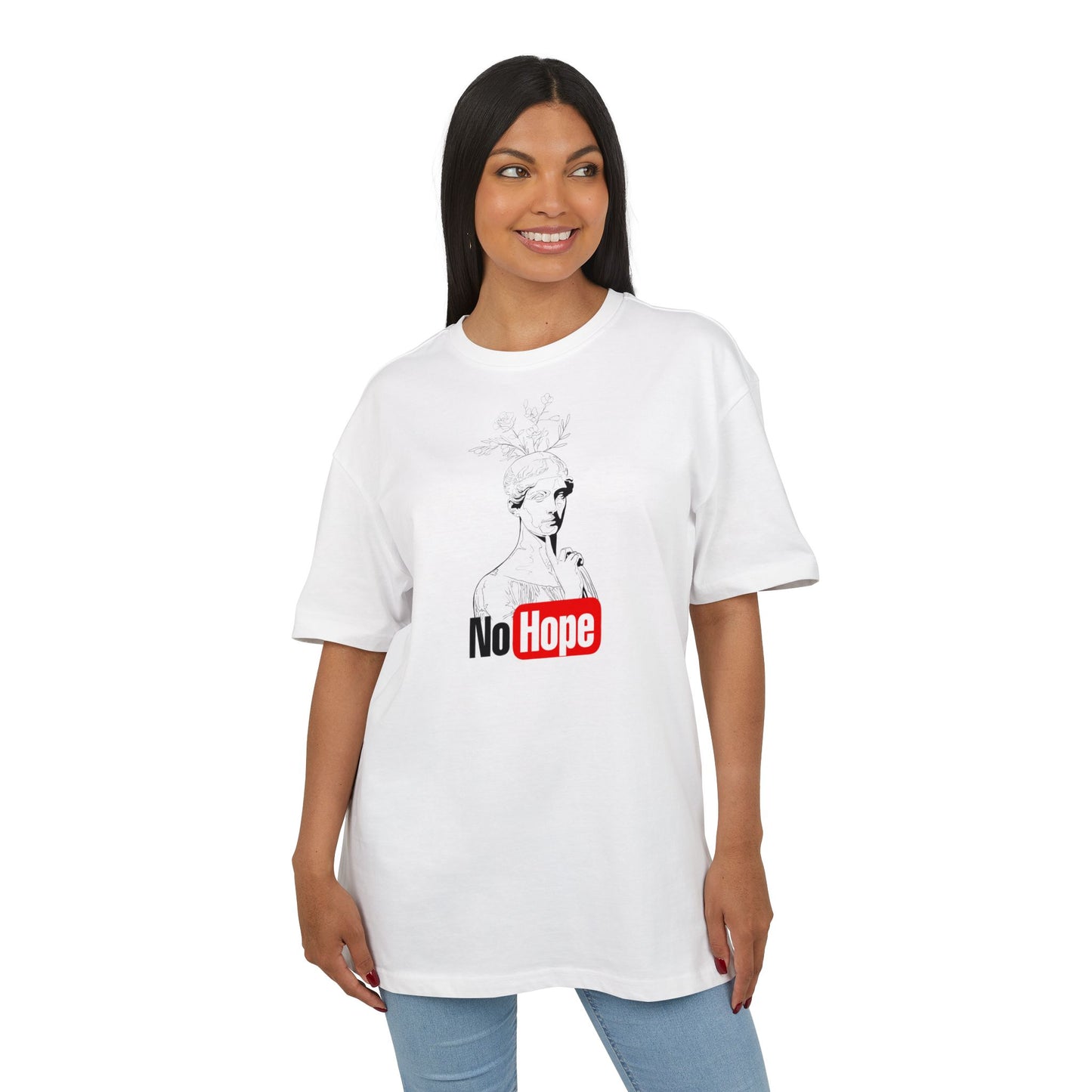 Woman wearing a blanc white t-shirt with a graphic design and text on a white background, front
