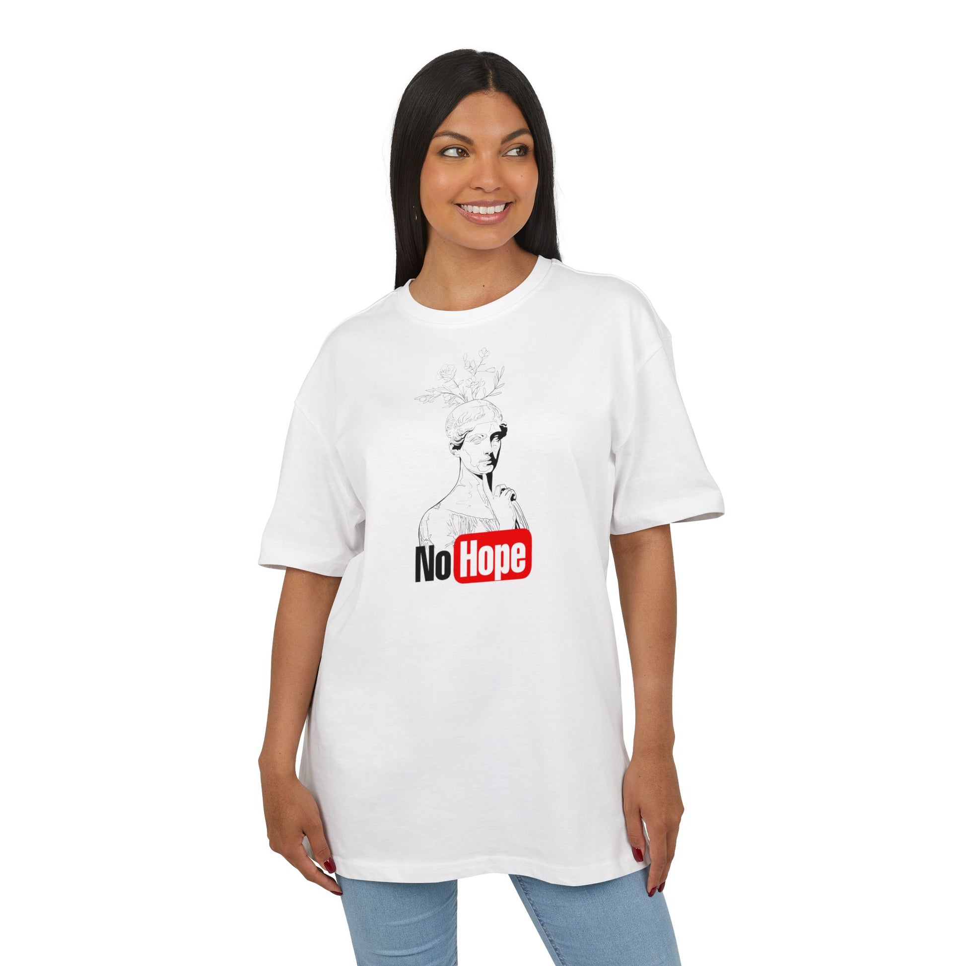 Woman wearing a blanc white t-shirt with a graphic design and text on a white background, front