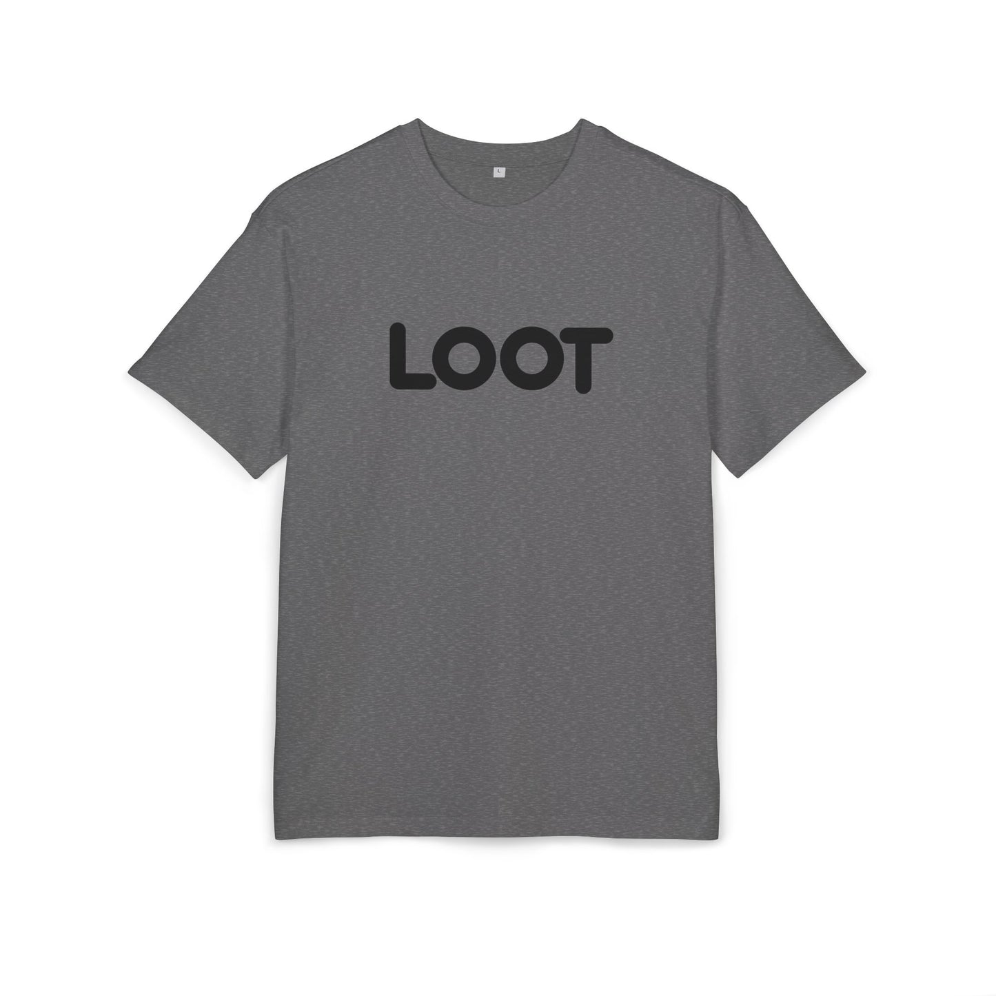 charcoal heather t-shirt with the word 'LOOT' printed in black on the front, front