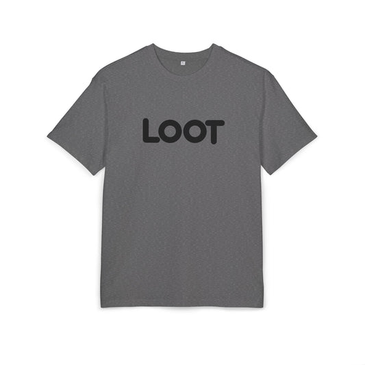 charcoal heather t-shirt with the word 'LOOT' printed in black on the front, front