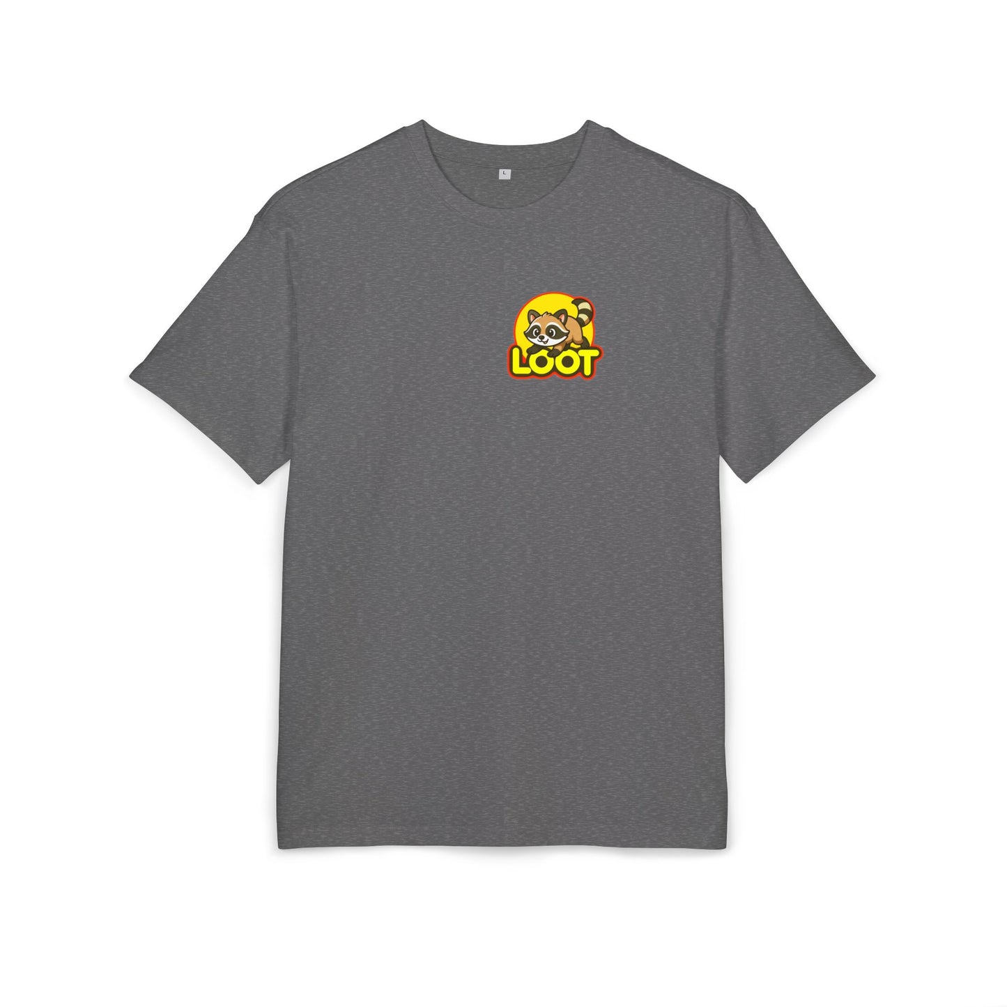 Gray t-shirt with a 'Loot' logo on a white background, front