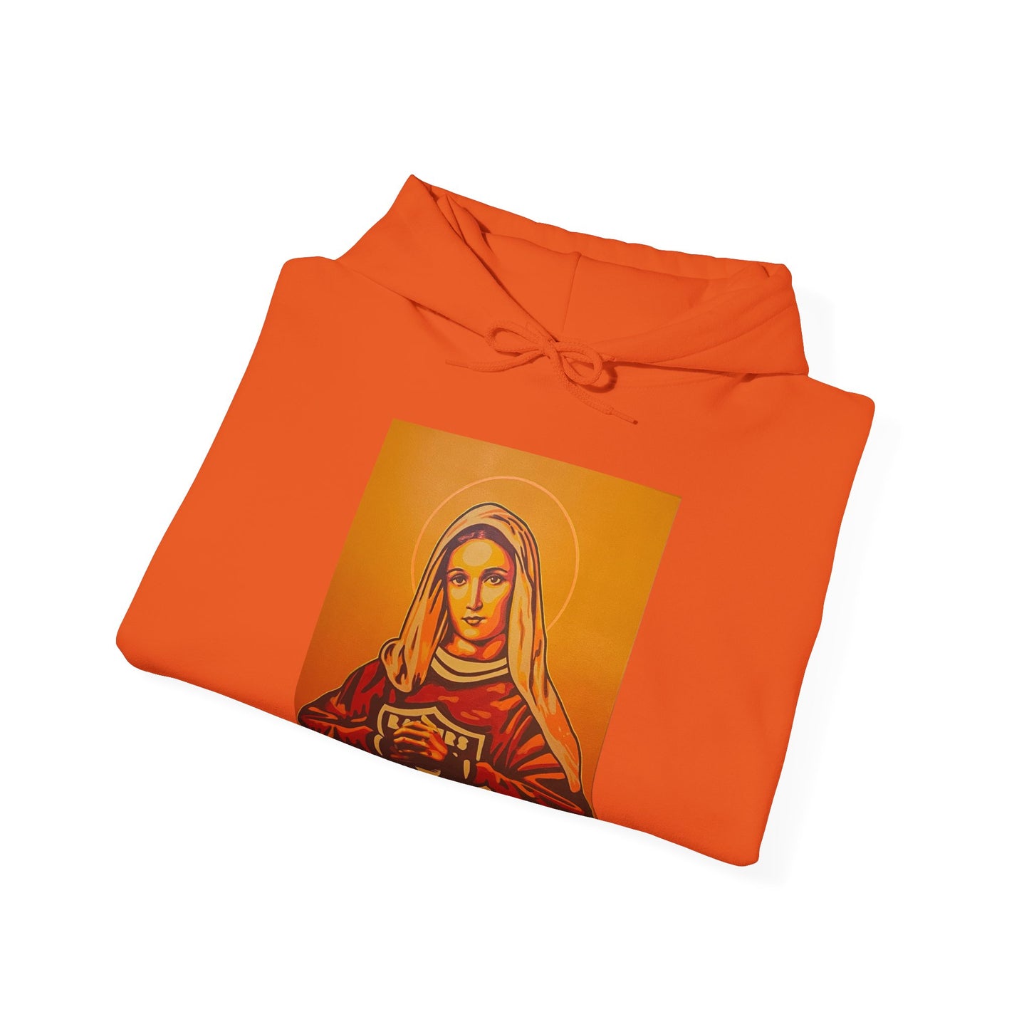 folded orange hoodie with a graphic of a woman on an orange background, front