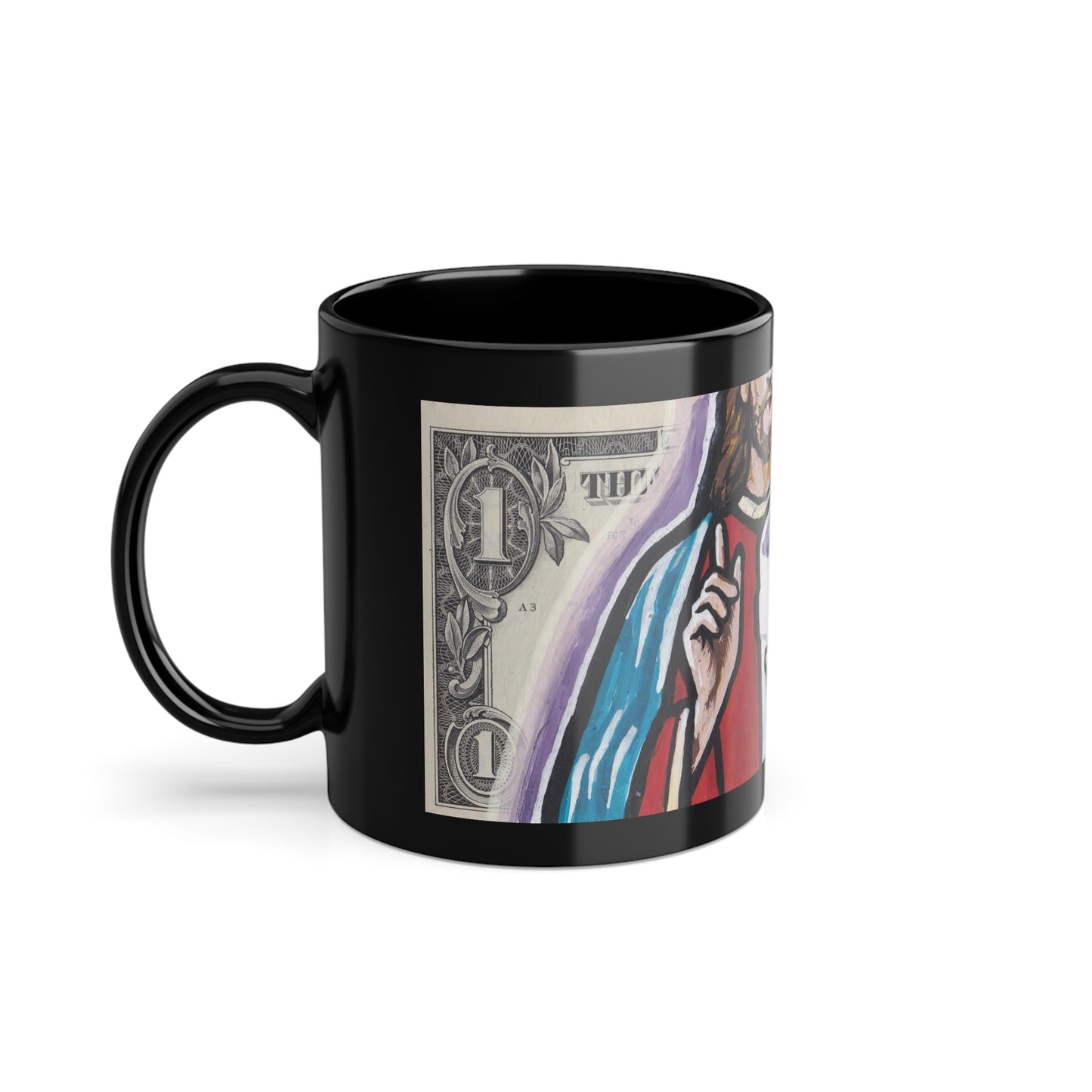 A black ceramic coffee cup with a glossy finish and a graphic design of a character holding a container, side