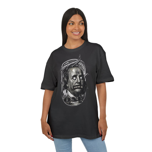 Woman wearing a black t-shirt with a graphic design on a white background, art, benjamin, front