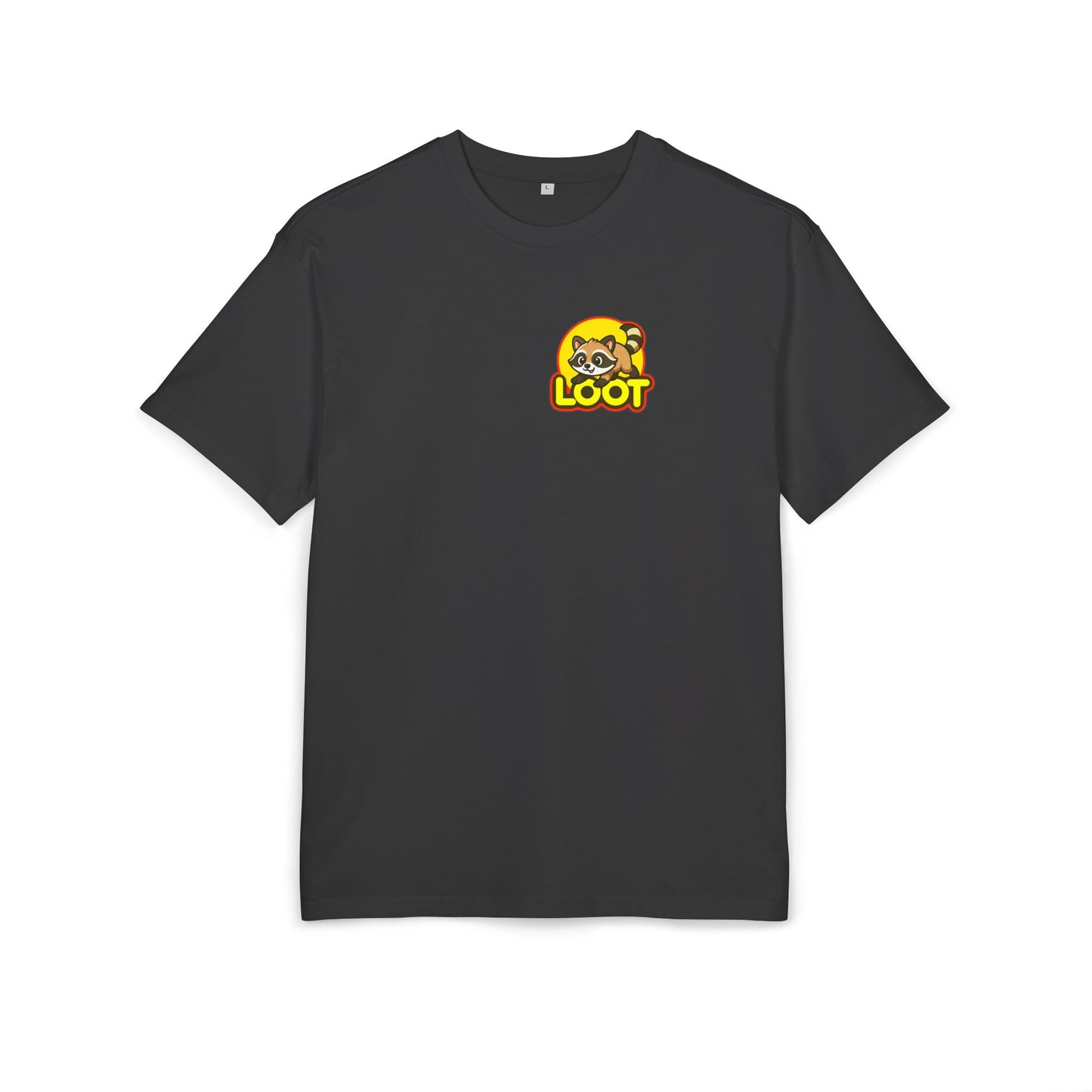 Black t-shirt with a 'LOOT' logo on a white background, front