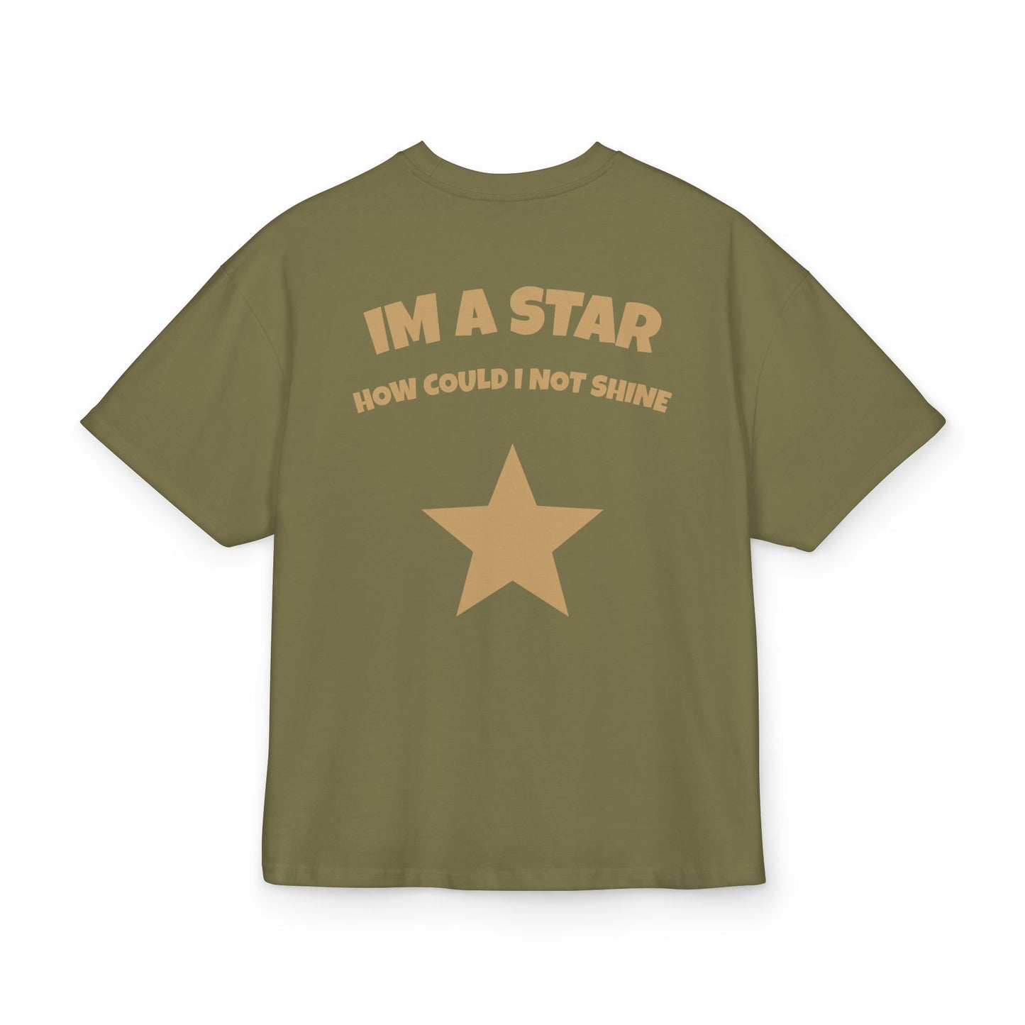 t-shirt with gold star and text on a white background, back