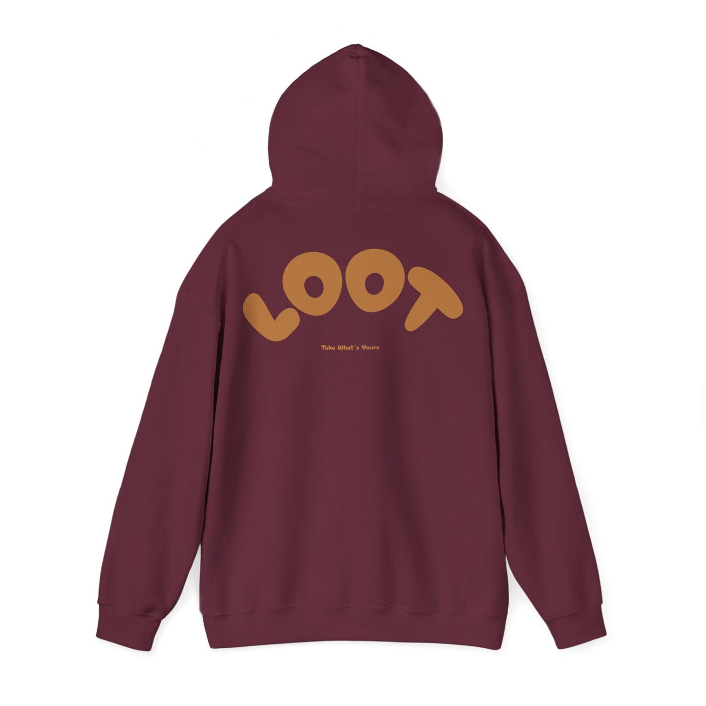 maroon hoodie with 'LOOT' logo on the back against a white background, back
