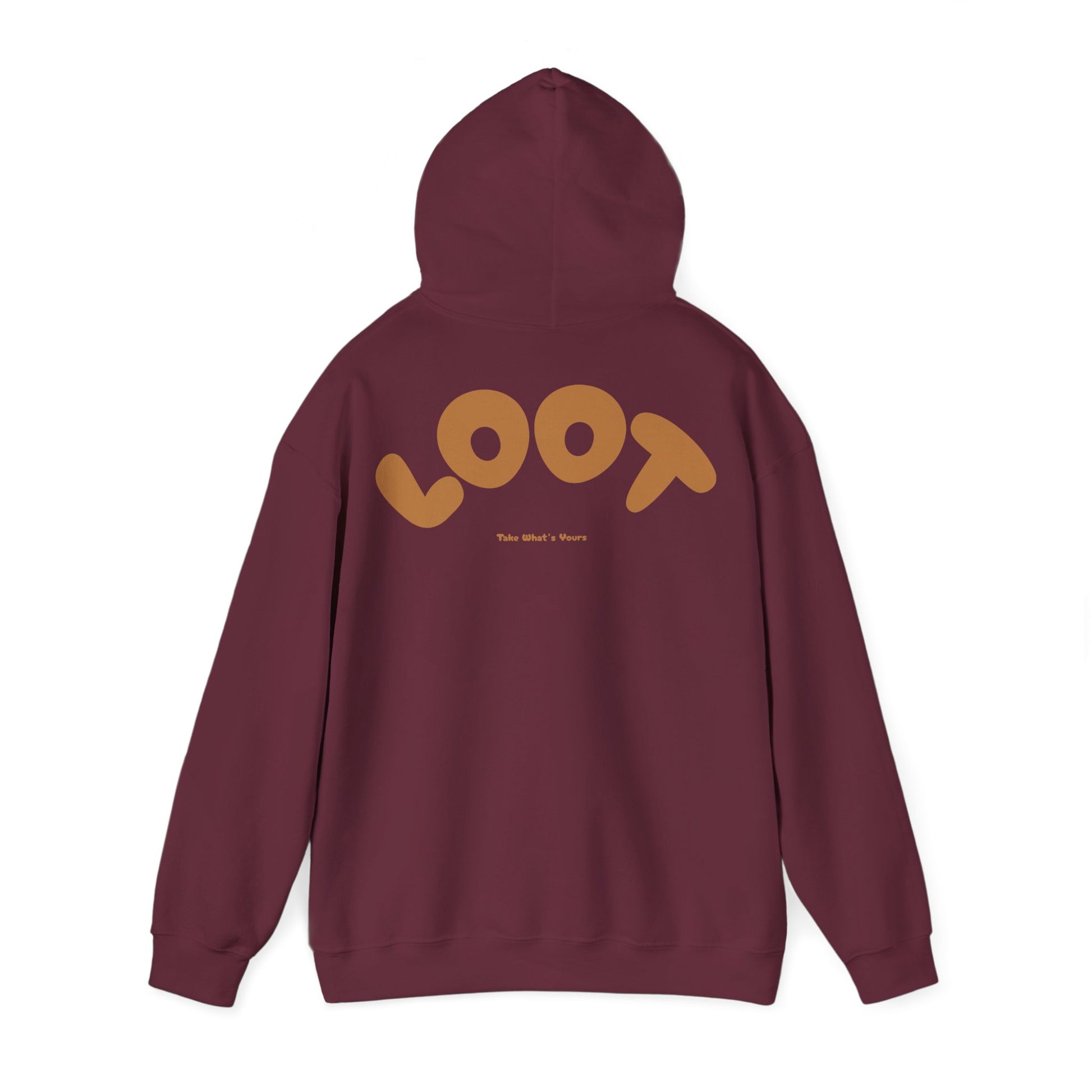 maroon hoodie with 'LOOT' logo on the back against a white background, back