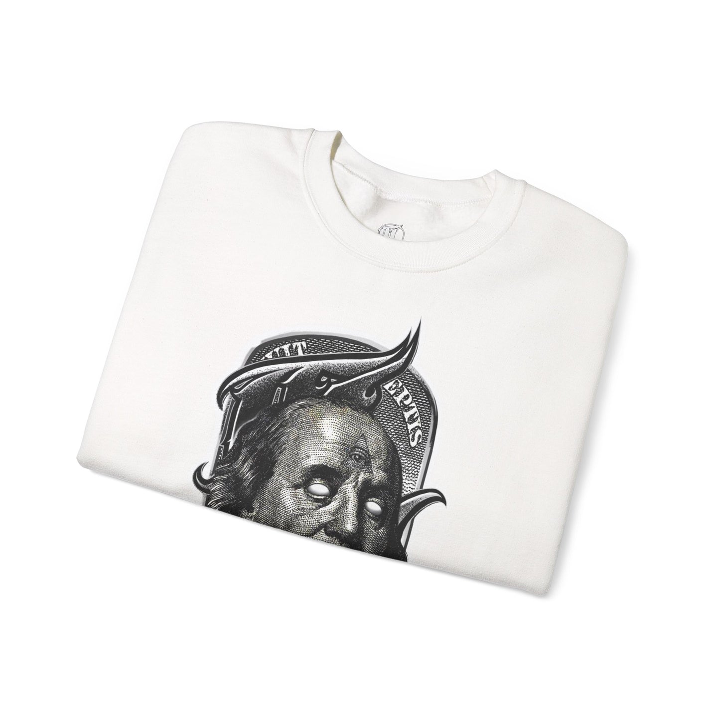 folded white sweatshirt with a graphic print of a character's face in black and white, front