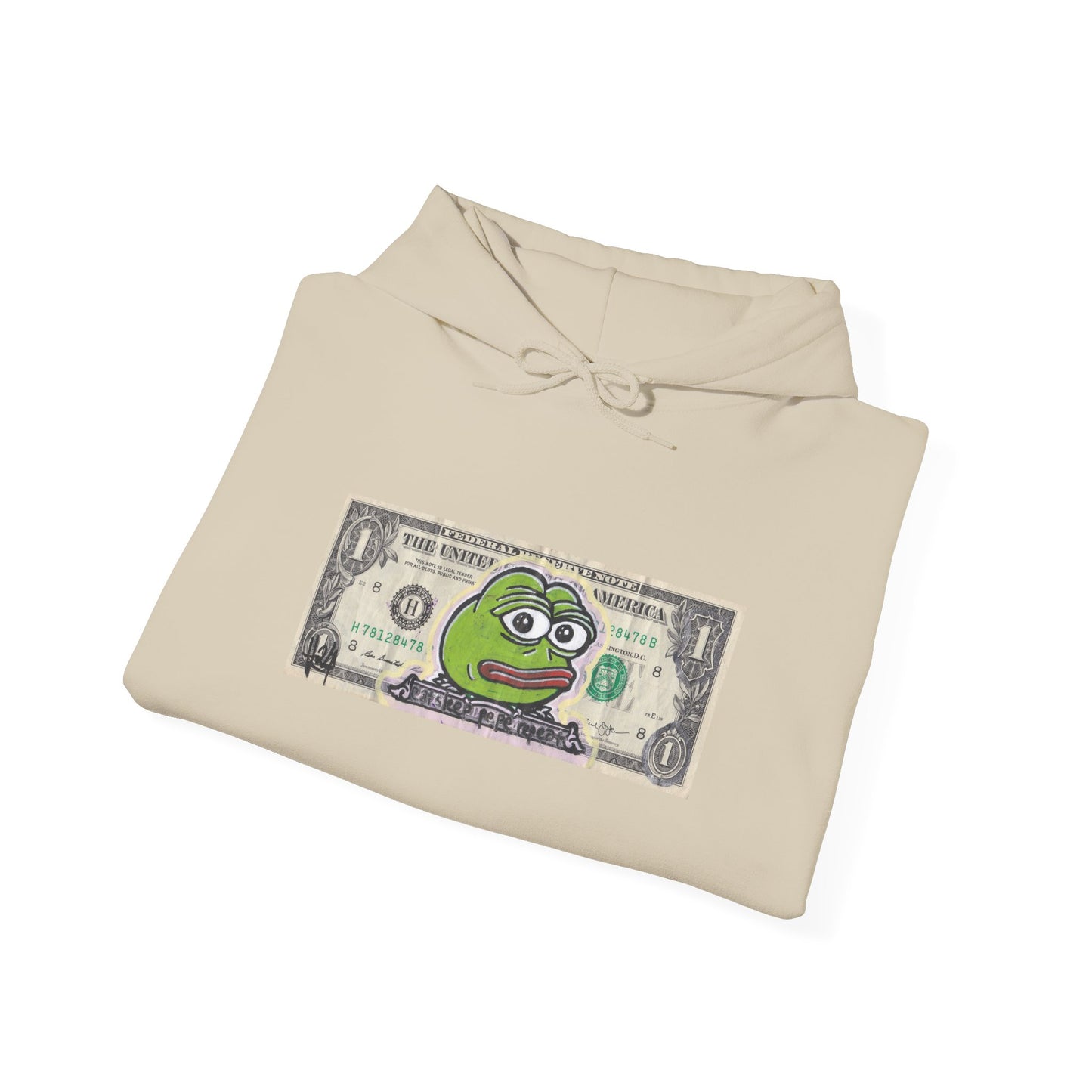 Beige hoodie with a graphic of a frog on a dollar bill design on a white, frontbackground