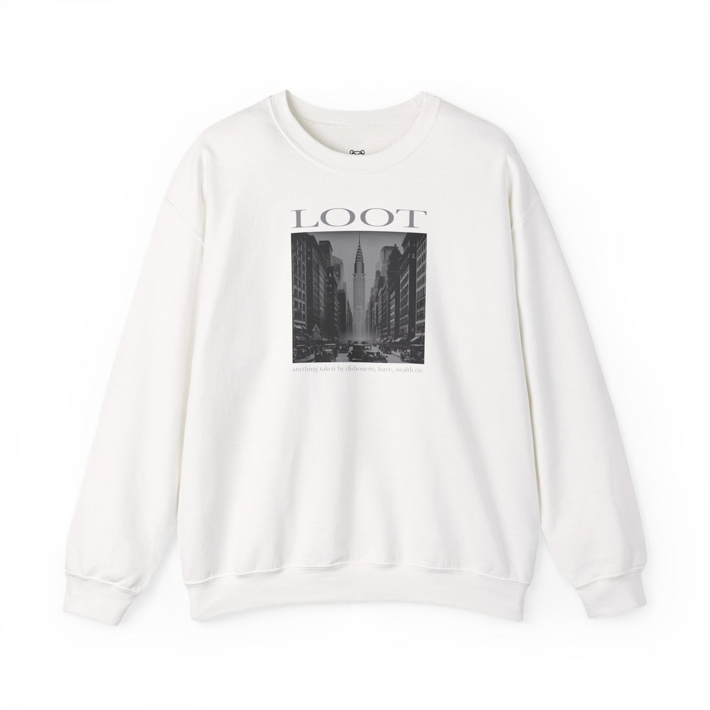 white sweatshirt with black and white graphic and 'LOOT' text on a white background, front