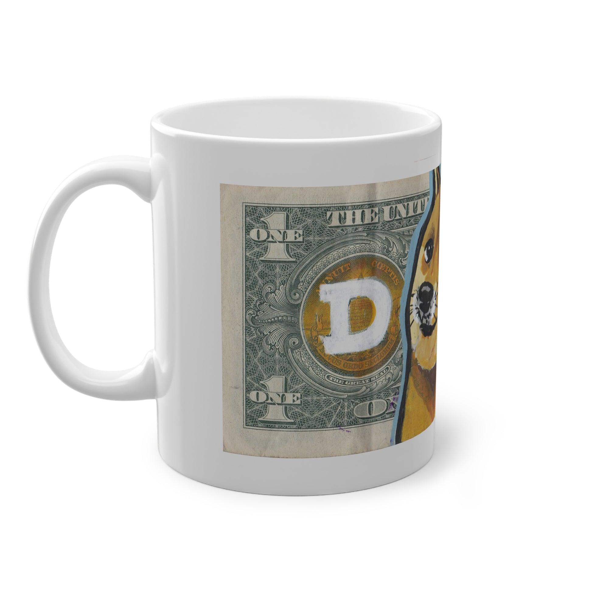 Mug with a dog design on a dollar bill background, side
