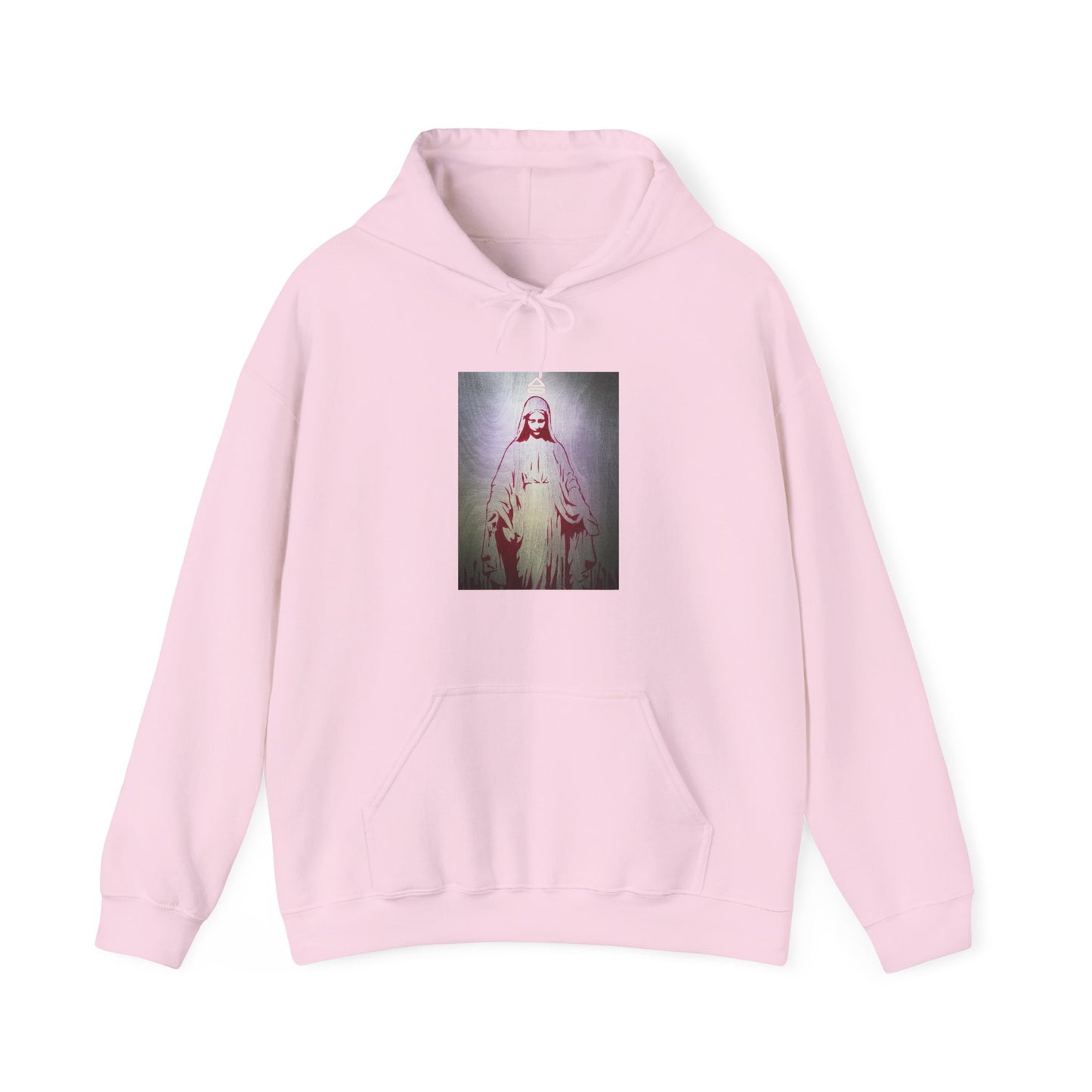 light pink hooded sweatshirt with an image of a female figure in a dress positioned in the center above the waist on white background, front