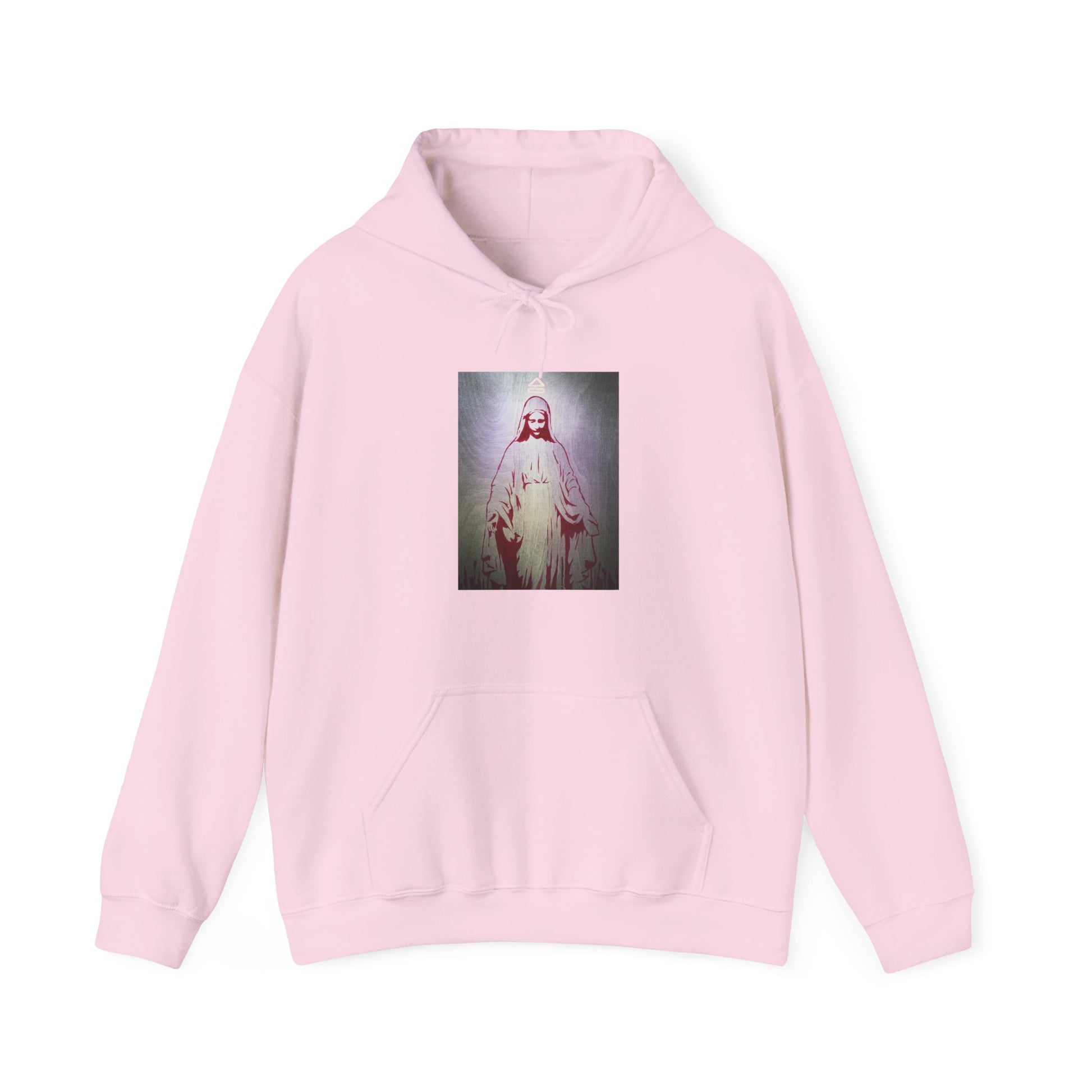 light pink hooded sweatshirt with an image of a female figure in a dress positioned in the center above the waist on white background, front