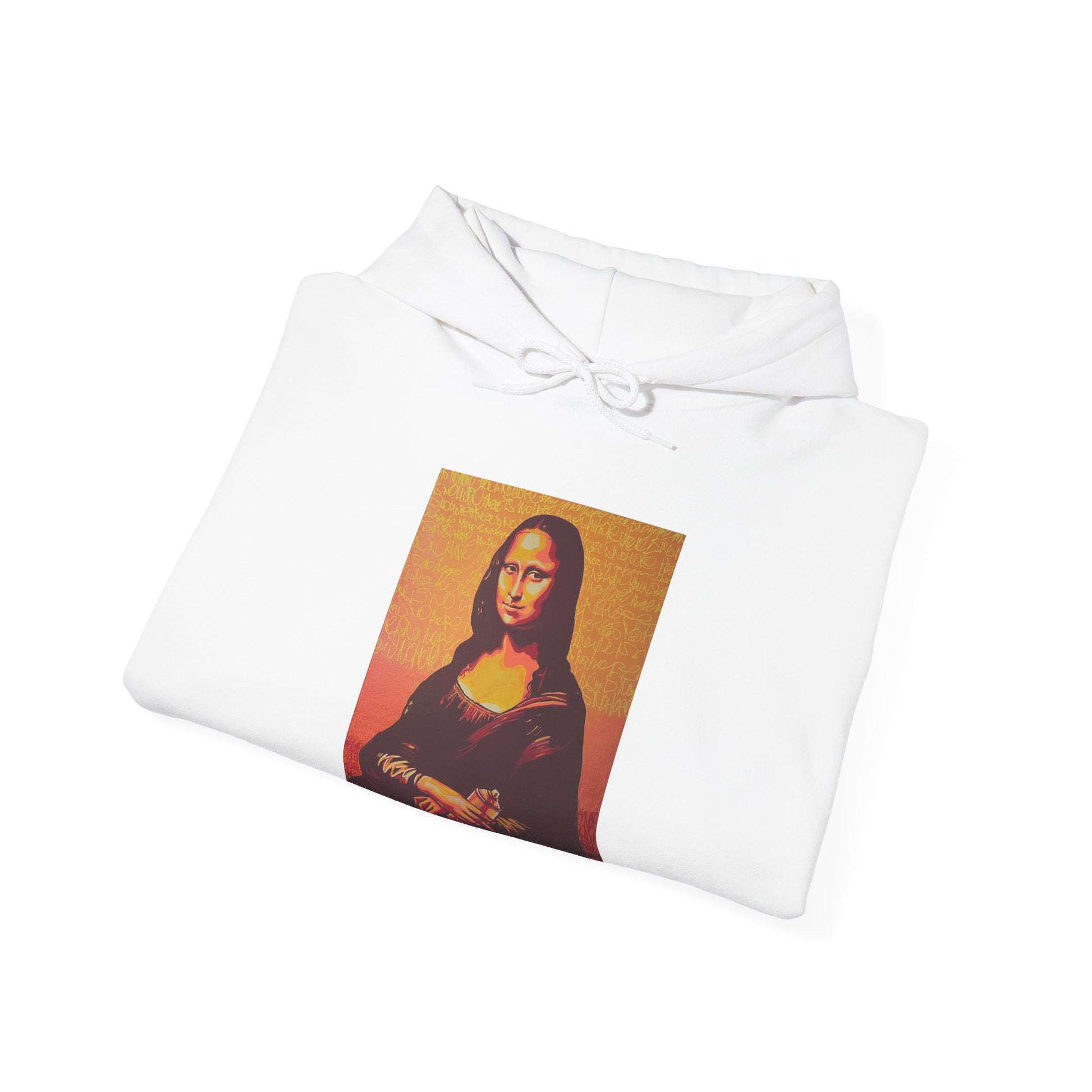 folded white hooded sweatshirt featuring a printed portrait of a famous painting on the front, front