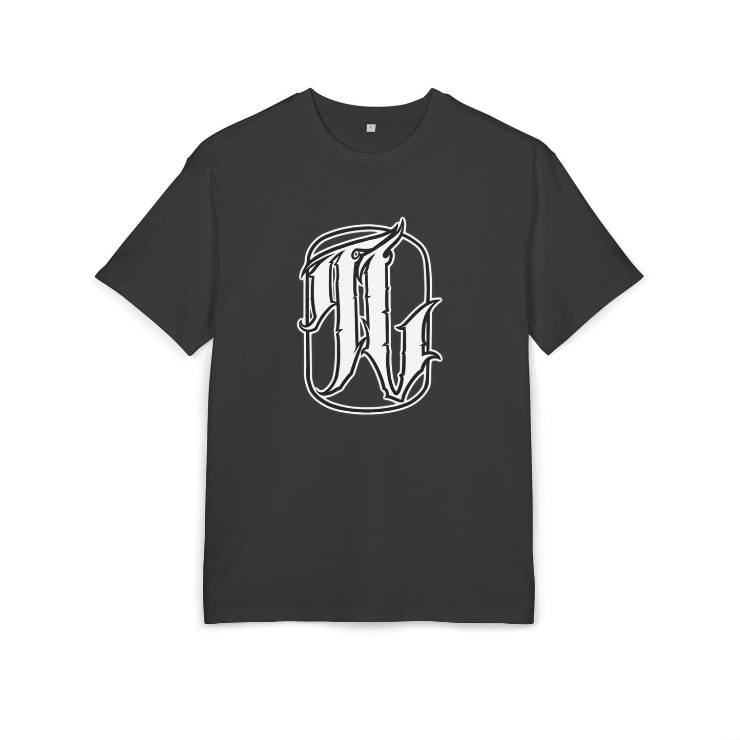 Black t-shirt with a white logo on a white background, front