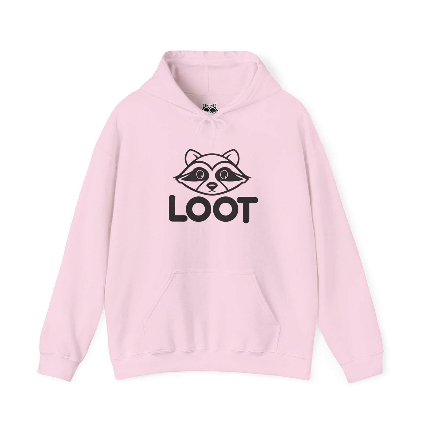 Pink hoodie with a raccoon graphic and 'LOOT' text on a white background, front