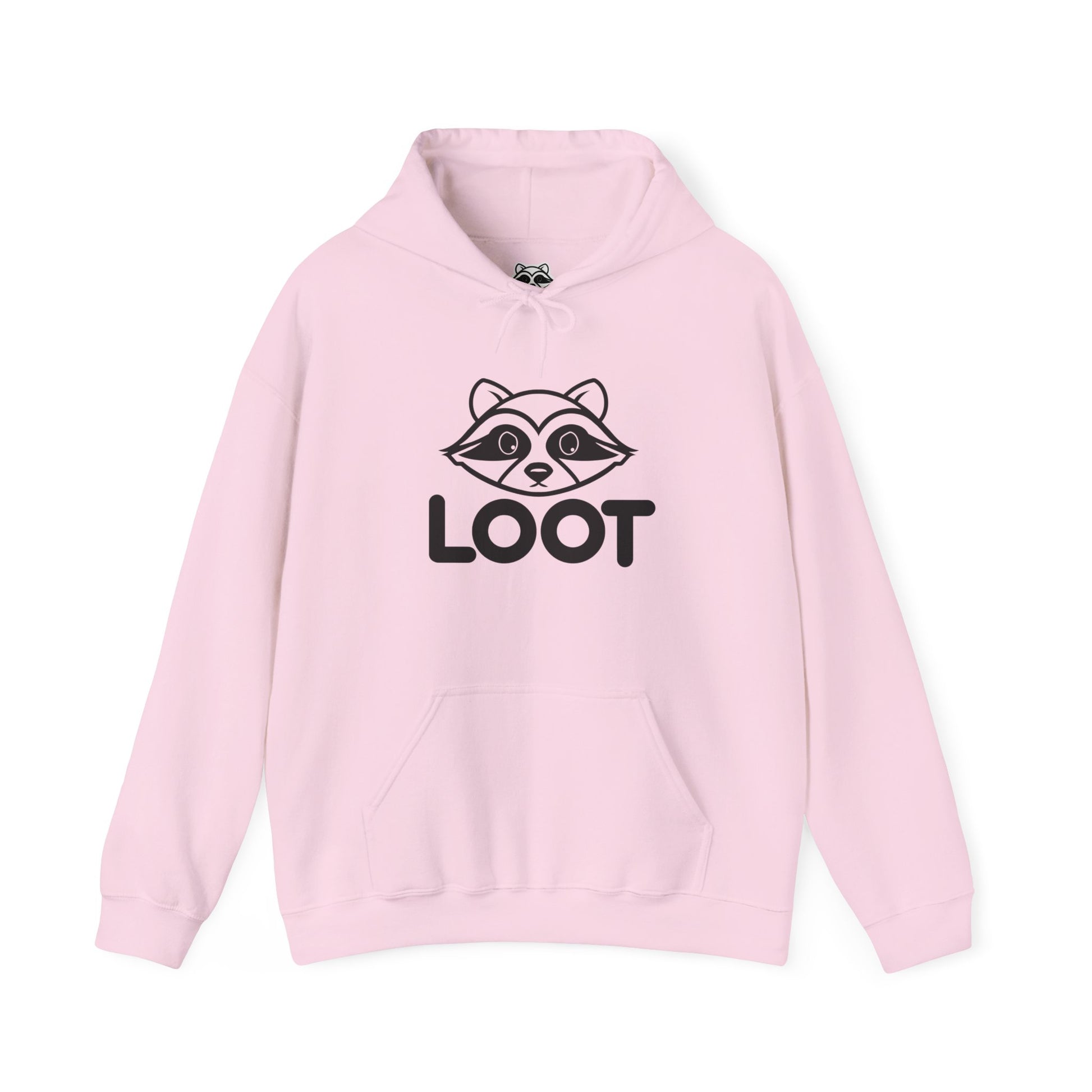 Pink hoodie with a raccoon graphic and 'LOOT' text on a white background, front
