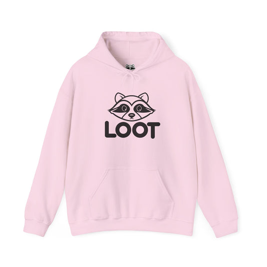 Pink hoodie with a raccoon graphic and 'LOOT' text on a white background, front