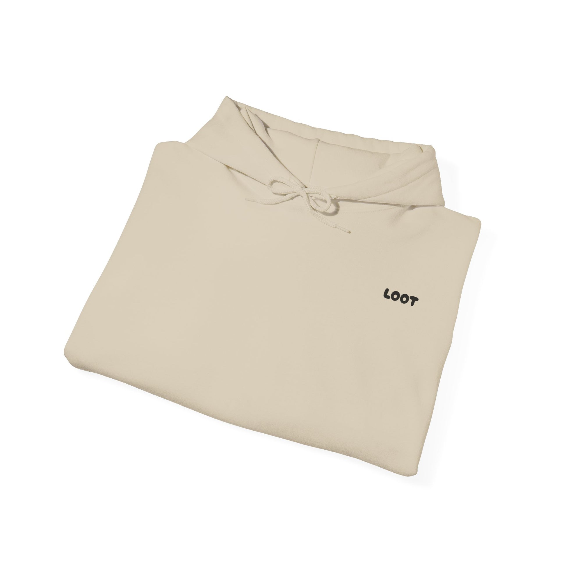 folded sand hoodie with 'LOOT' branding on a white background, front
