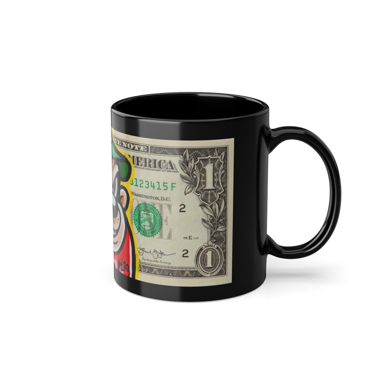 A black ceramic coffee mug with a glossy finish dollar art and a colorful character illustration on the side, side