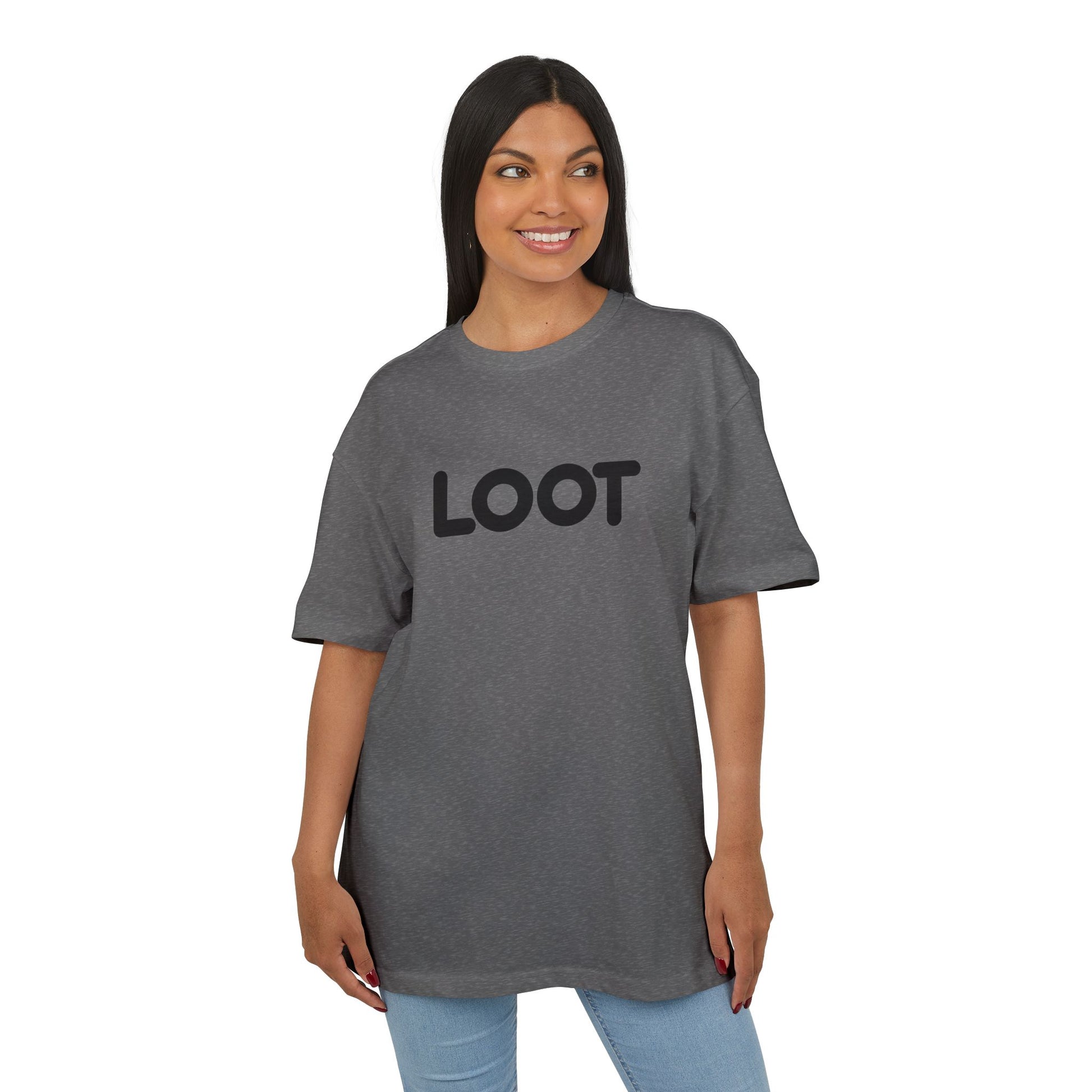 woman wearing charcoal heather t-shirt with the word 'LOOT' printed in black on the front, front