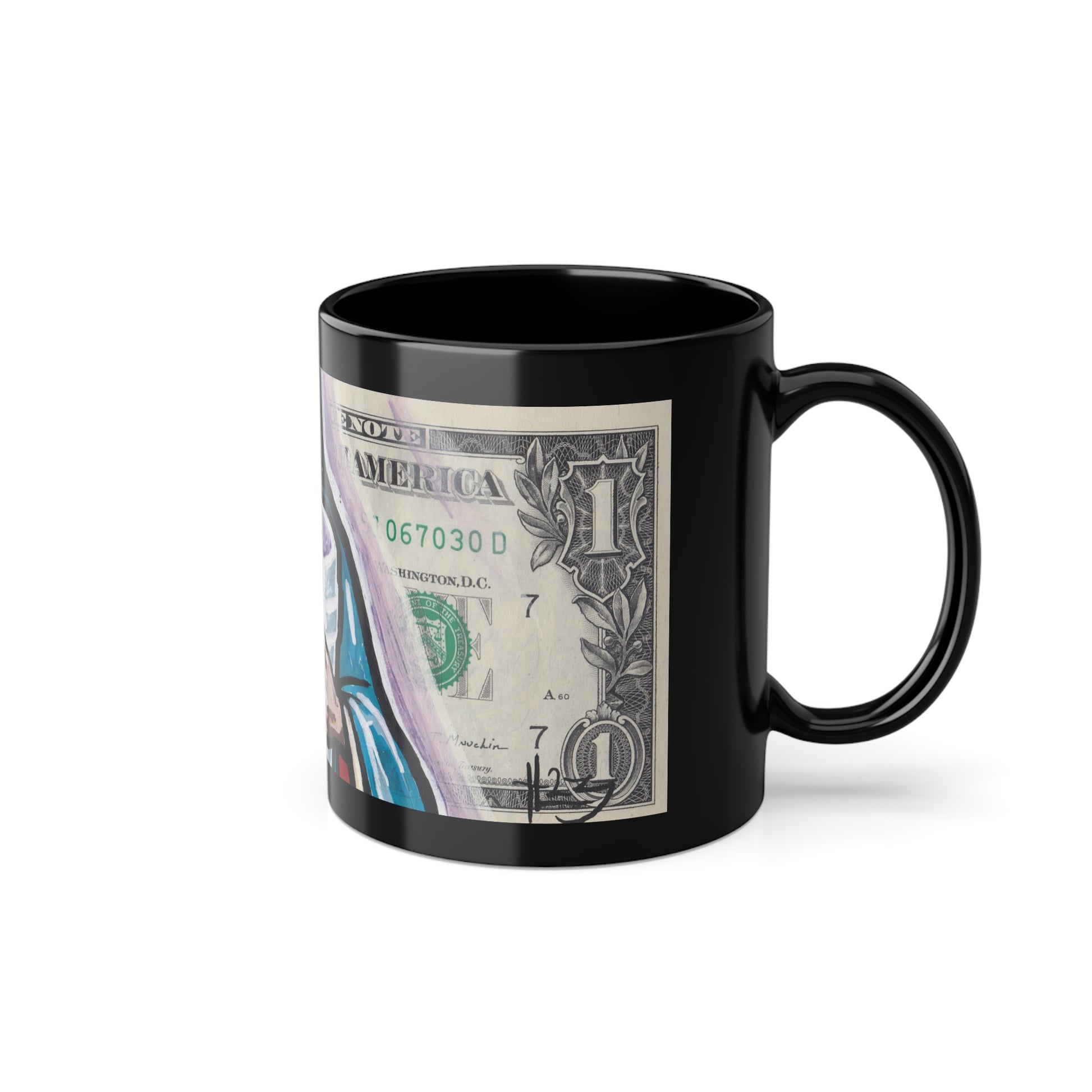 A black ceramic coffee cup with a glossy finish and a graphic design of a character holding a container, side