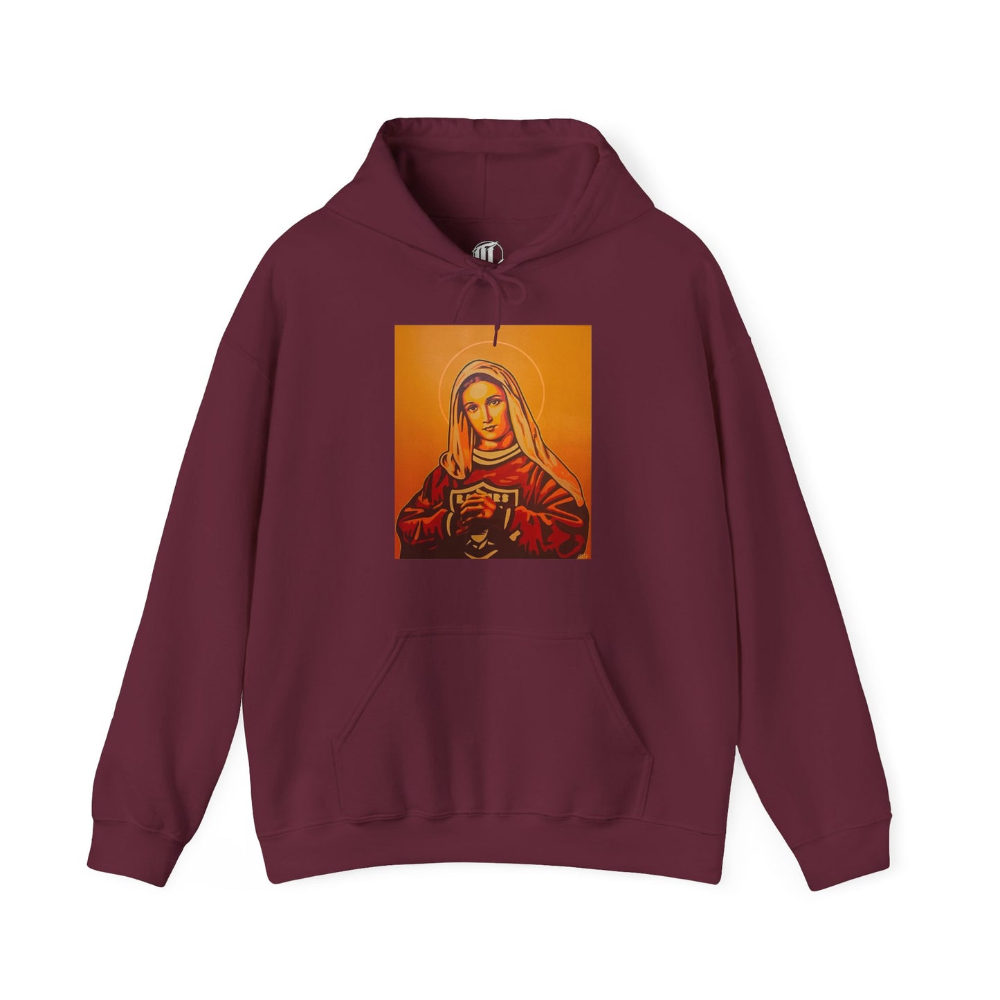 Maroon hoodie with a graphic of a woman on an orange background, front