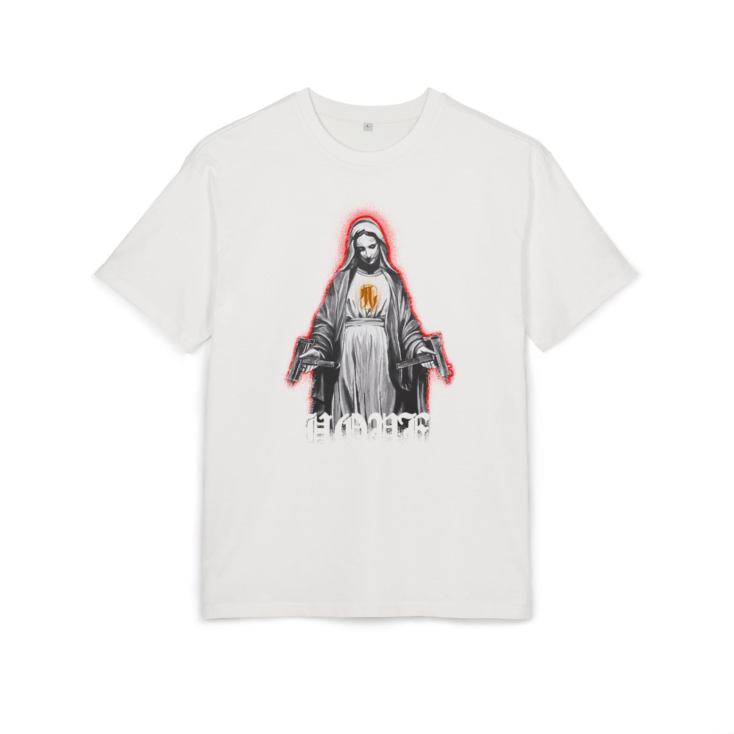 blanc white t-shirt with a graphic print of a figure with a red halo, front